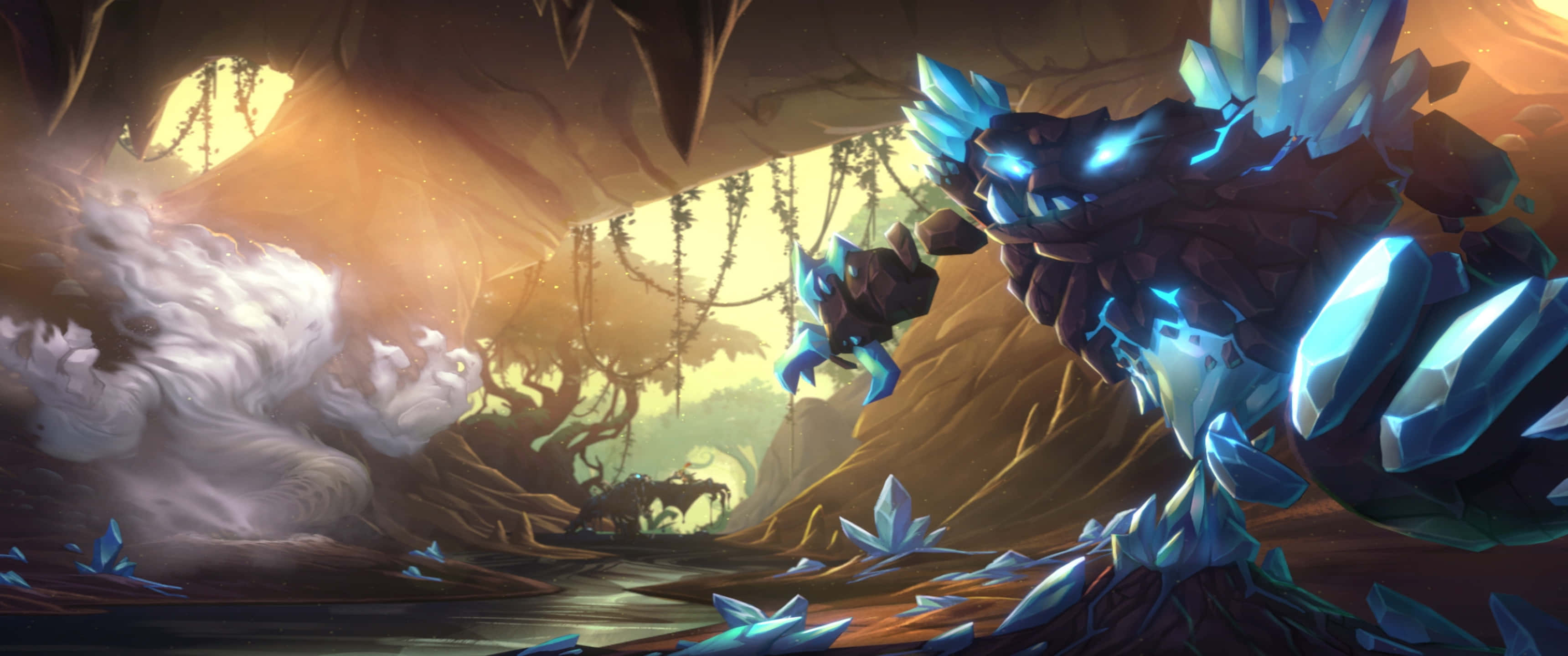 3440x1440p Hearthstone 桌布 壁紙 — 一個發光的藍色水晶怪物在一個有霧氣和懸掛藤蔓的洞穴叢林中若隱若現。
