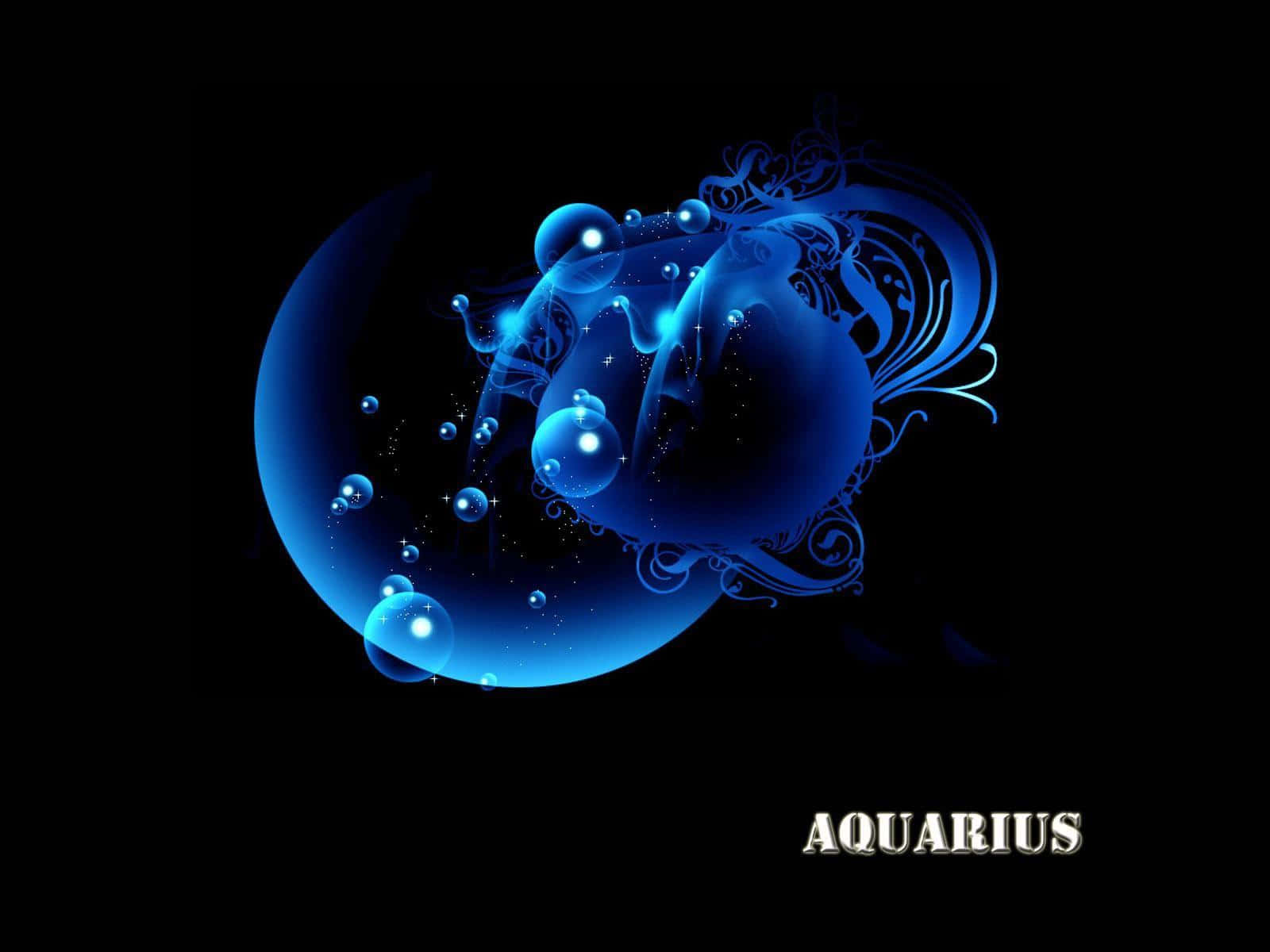 aquarius 桌布 壁紙 — 一個發光的藍色水瓶座星座符號，帶有氣泡和漩渦，背景為黑色。