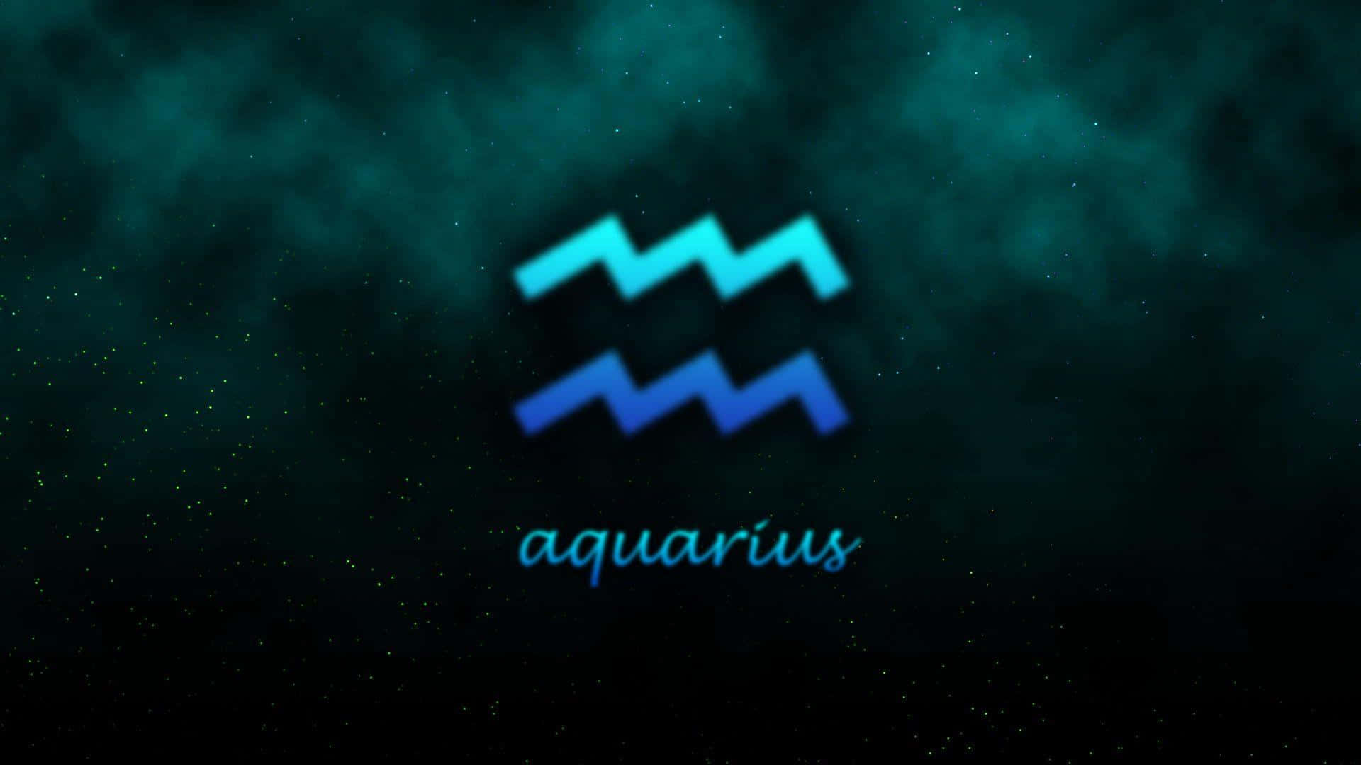 aquarius 桌布 壁紙 — 一個發光的藍色水瓶座星座符號漂浮在繁星點點的藍綠色宇宙背景上，下方有aquarius字樣。