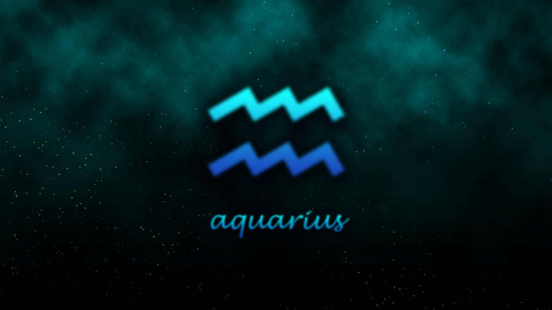 aquarius 桌布 壁紙 — 一個發光的藍色水瓶座星座符號漂浮在點綴著星星的深藍綠色宇宙背景上。