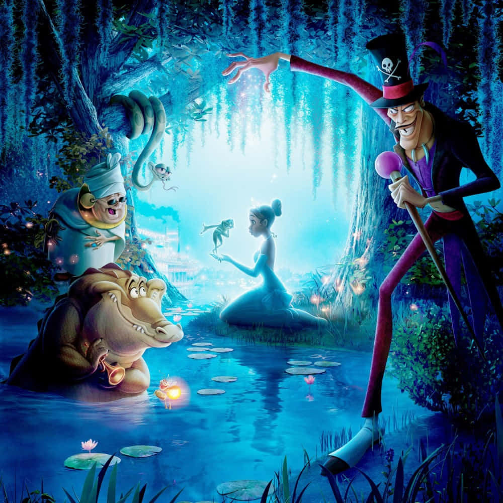 princess and the frog 桌布 壁紙 — 一個發光的藍色沼澤場景，一個戴高帽的惡棍與被動畫動物朋友包圍的公主對峙。