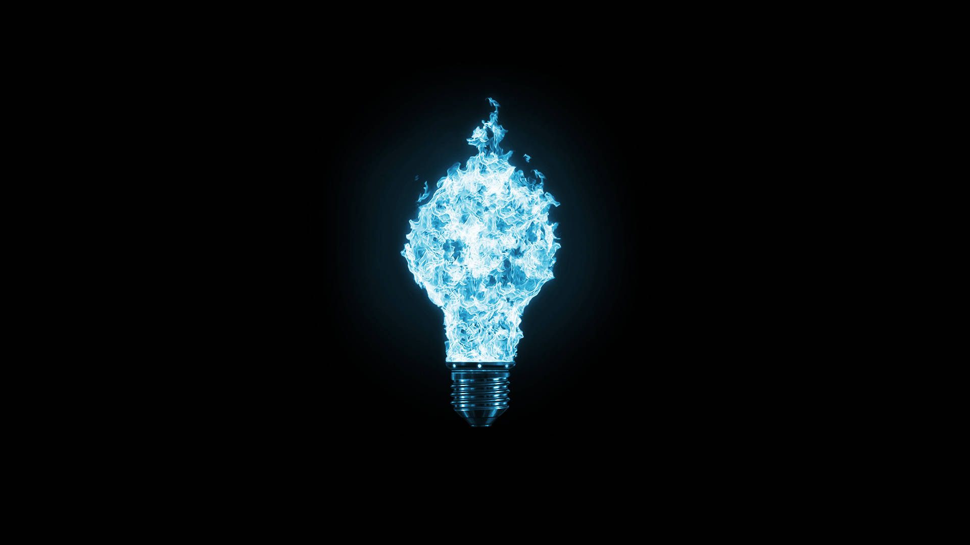 Flame 桌布 壁紙 — 一個發光的藍色火焰形燈泡在漆黑的背景中脈動。