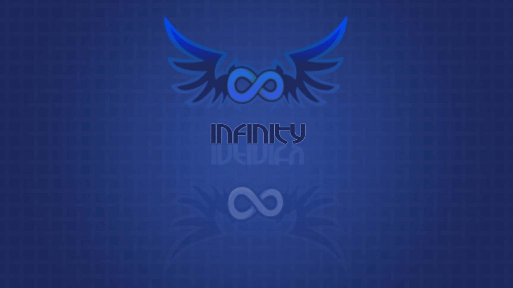 infinity 桌布 壁紙 — 一個發光的藍色無限符號，帶有羽毛翅膀，位於深藍色網格背景中央。