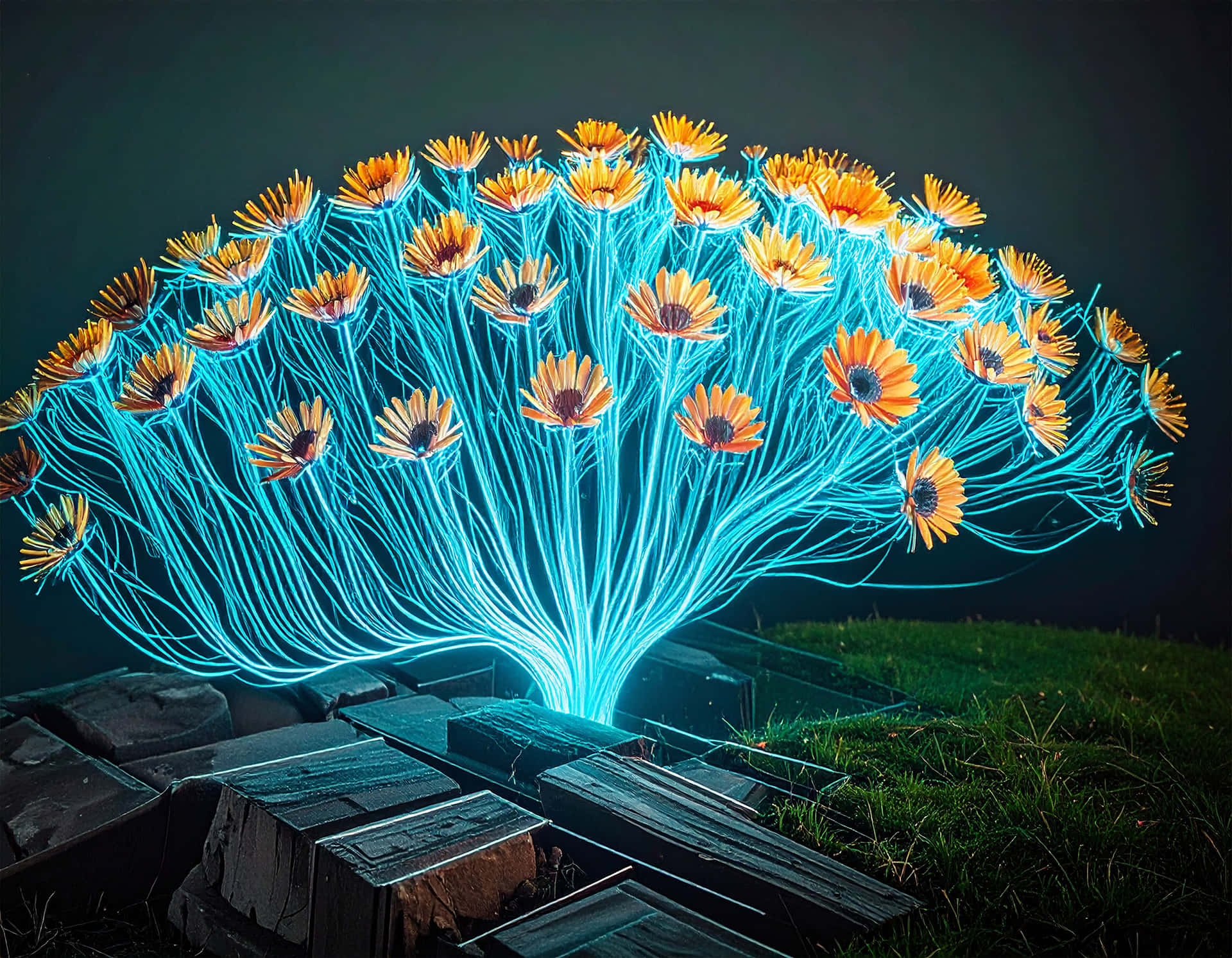 Digital Art of Digital Flowers 壁紙 — 一個發光的藍色燈光雕塑，形狀像一把雛菊扇子，帶有橙色花瓣，從草地上的深色木板上浮現。
