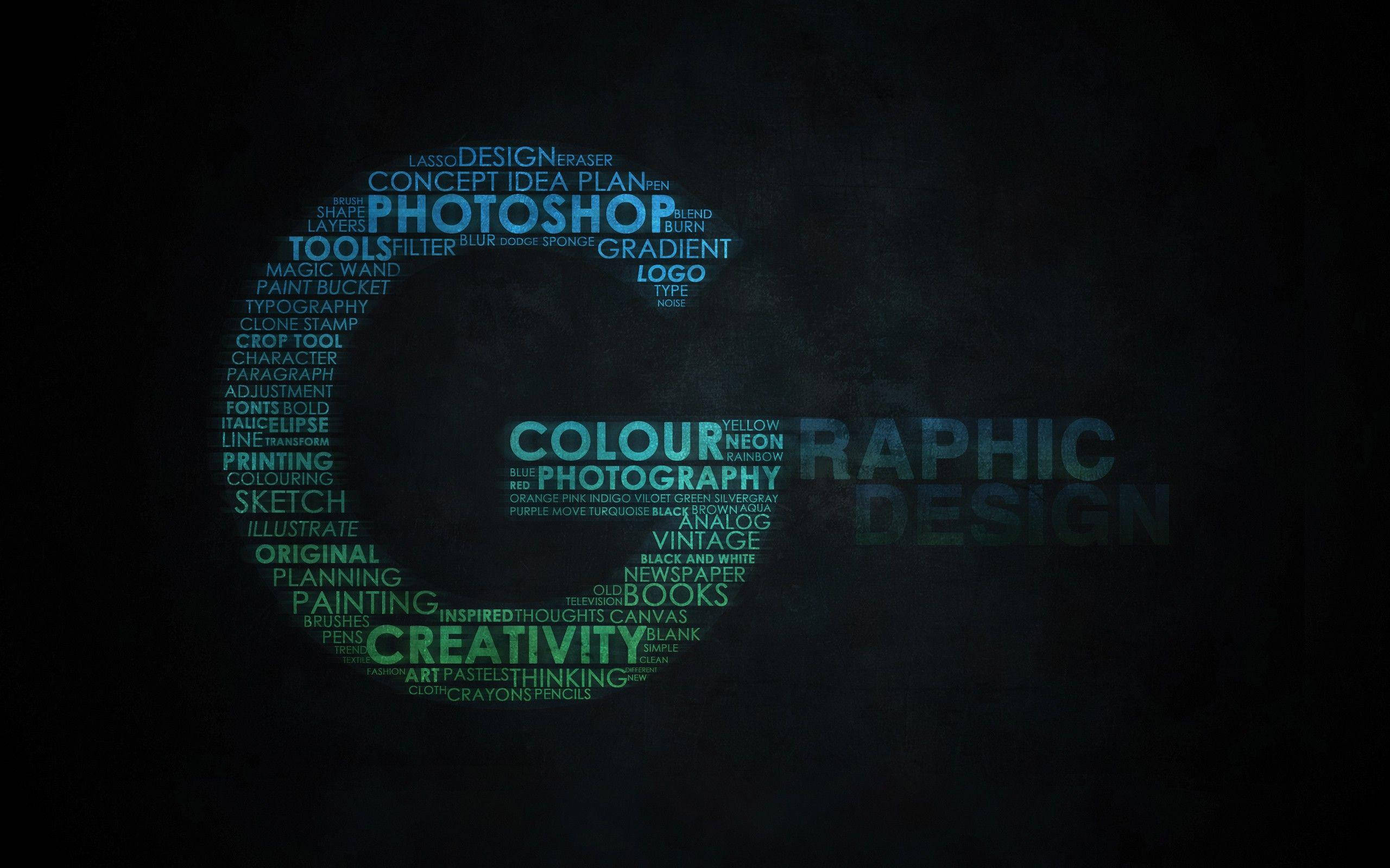 Typography 桌布 壁紙 — 一個發光的藍色燈泡剪影，充滿了平面設計術語，背景為深色紋理。