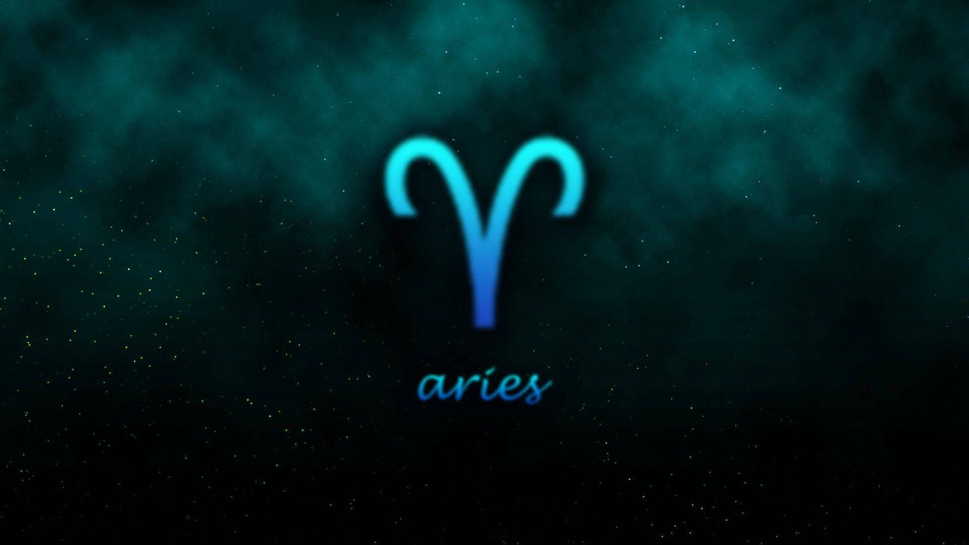 星空宇宙場景中的一個發光藍色牡羊座符號。
