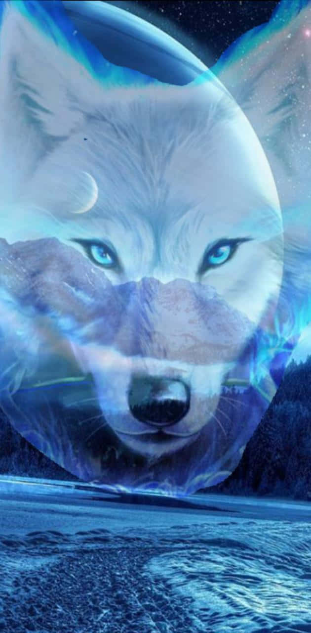 Wolf iPhone 桌布 壁紙 — 一個發光的藍色狼臉從宇宙球體中浮現，出現在星空下雪覆蓋的森林上方。