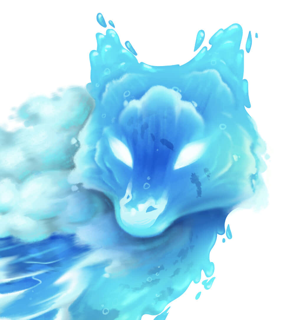 Wolf In Water 桌布 壁紙 — 一個發光的藍色狼頭，由旋轉的水和冰形成，帶有明亮的白色眼睛，背景為白色。