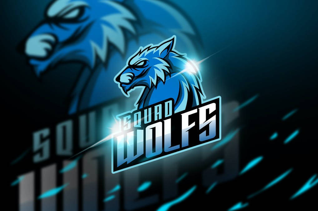 藍色狼 桌布 壁紙 — 一個發光的藍色狼頭標誌，帶有「SQUAD WOLFS」文字，在帶有動感線條的深色背景上散發能量。