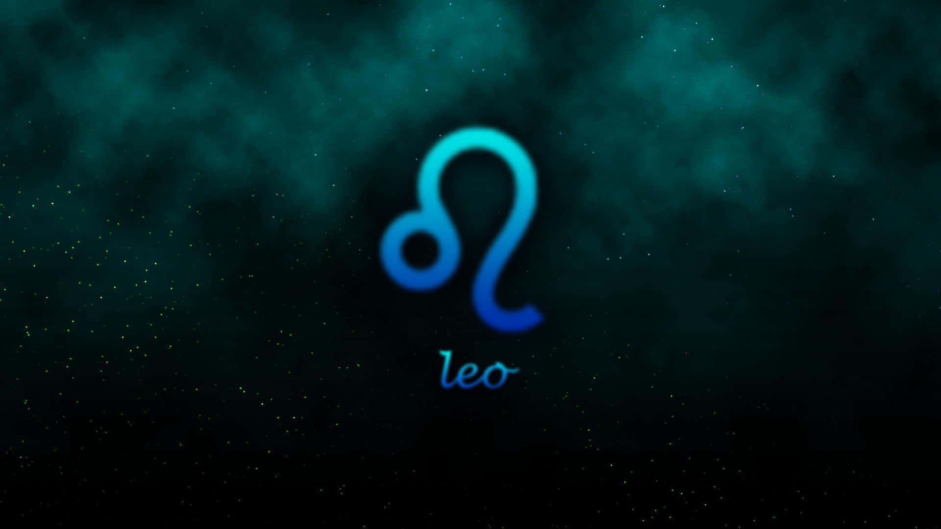 Leo 桌布 壁紙 — 一個發光的藍色獅子座星座符號在點綴著星星的深色青綠色宇宙背景上閃耀。