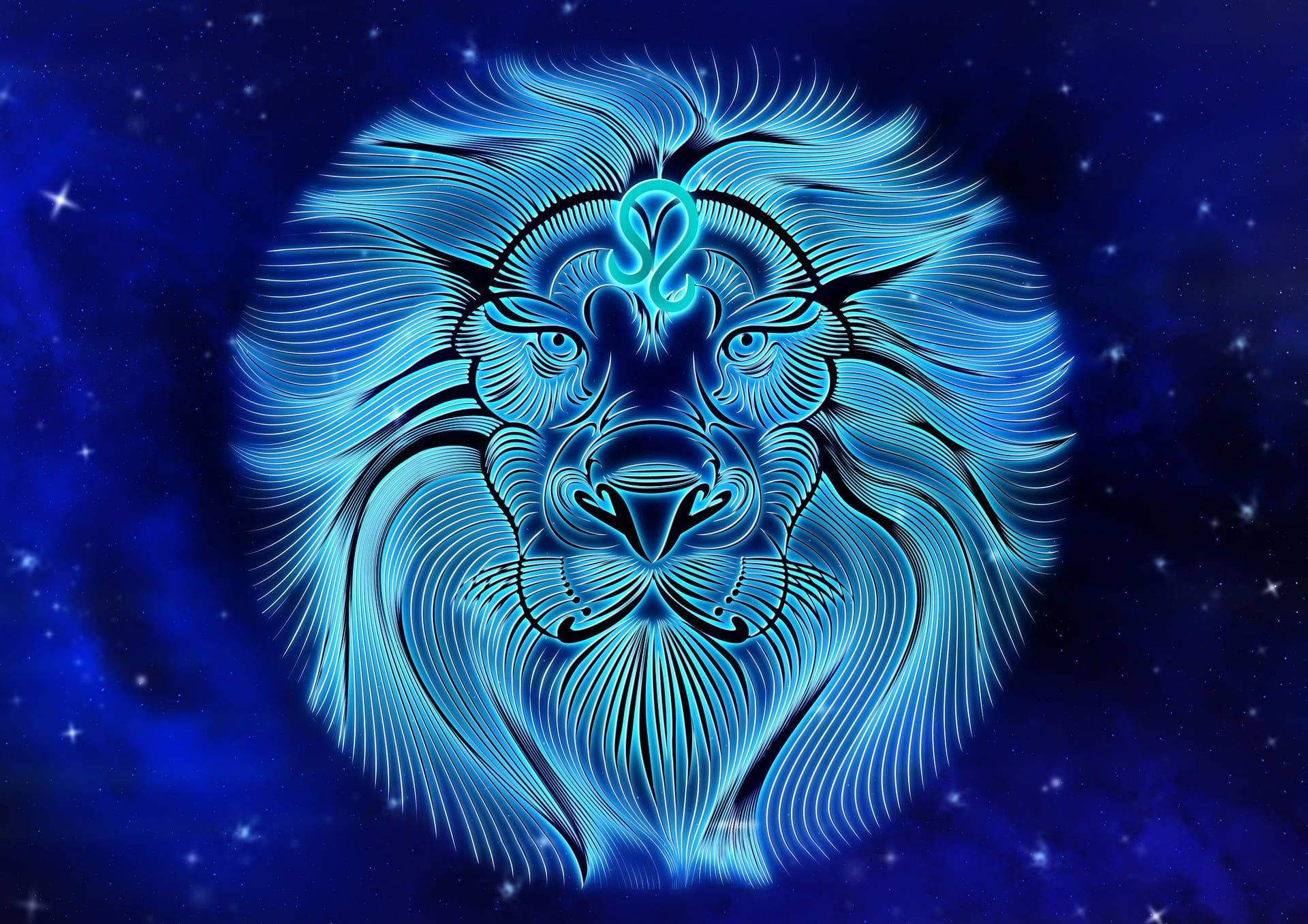 Horoscope 桌布 壁紙 — 一個發光的藍色獅子頭，帶有宇宙線條和星座符號，背景是繁星點點的夜空。
