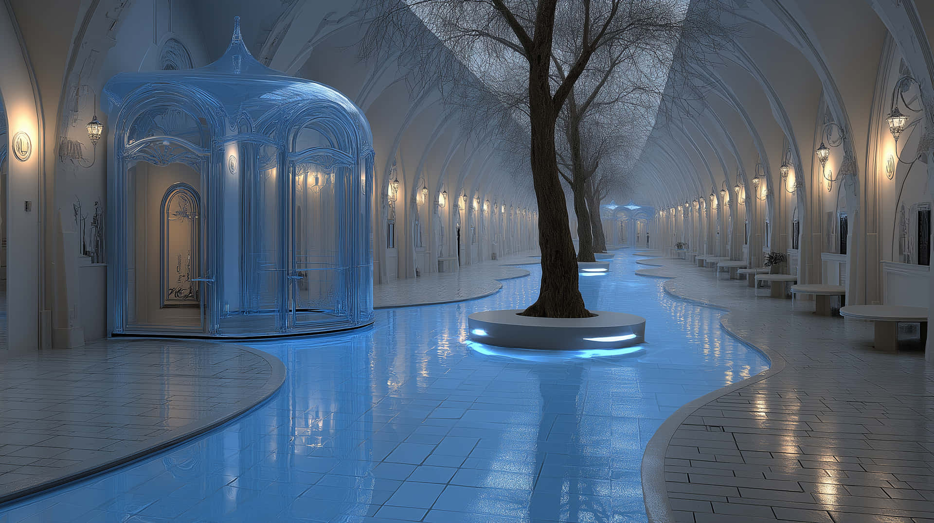 Grand Hall with Luminous Waterway, Futuristic Interior Design 壁紙 — 一個發光的藍色玻璃亭子位於中央樹木旁邊，在一個帶有反射瓷磚地板和溫暖壁燈的宏偉拱形走廊中。