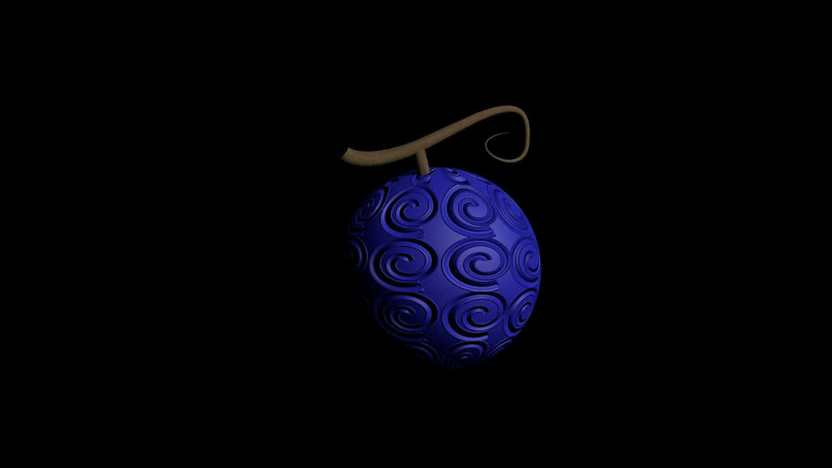 Devil Fruit 桌布 壁紙 — 一個發光的藍色球形水果，帶有漩渦圖案和彎曲的莖，背景為黑色。