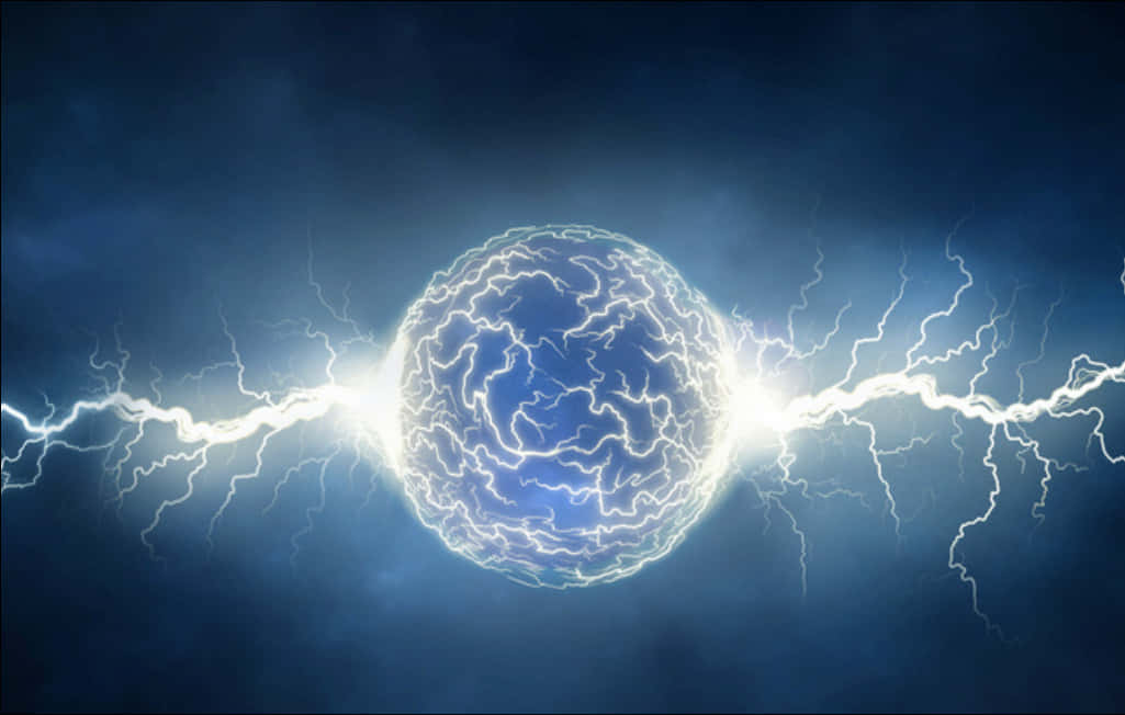 Lightning Bolt 桌布 壁紙 — 一個發光的藍色球體在黑暗的暴風雨天空中劈啪作響，帶有白色閃電。