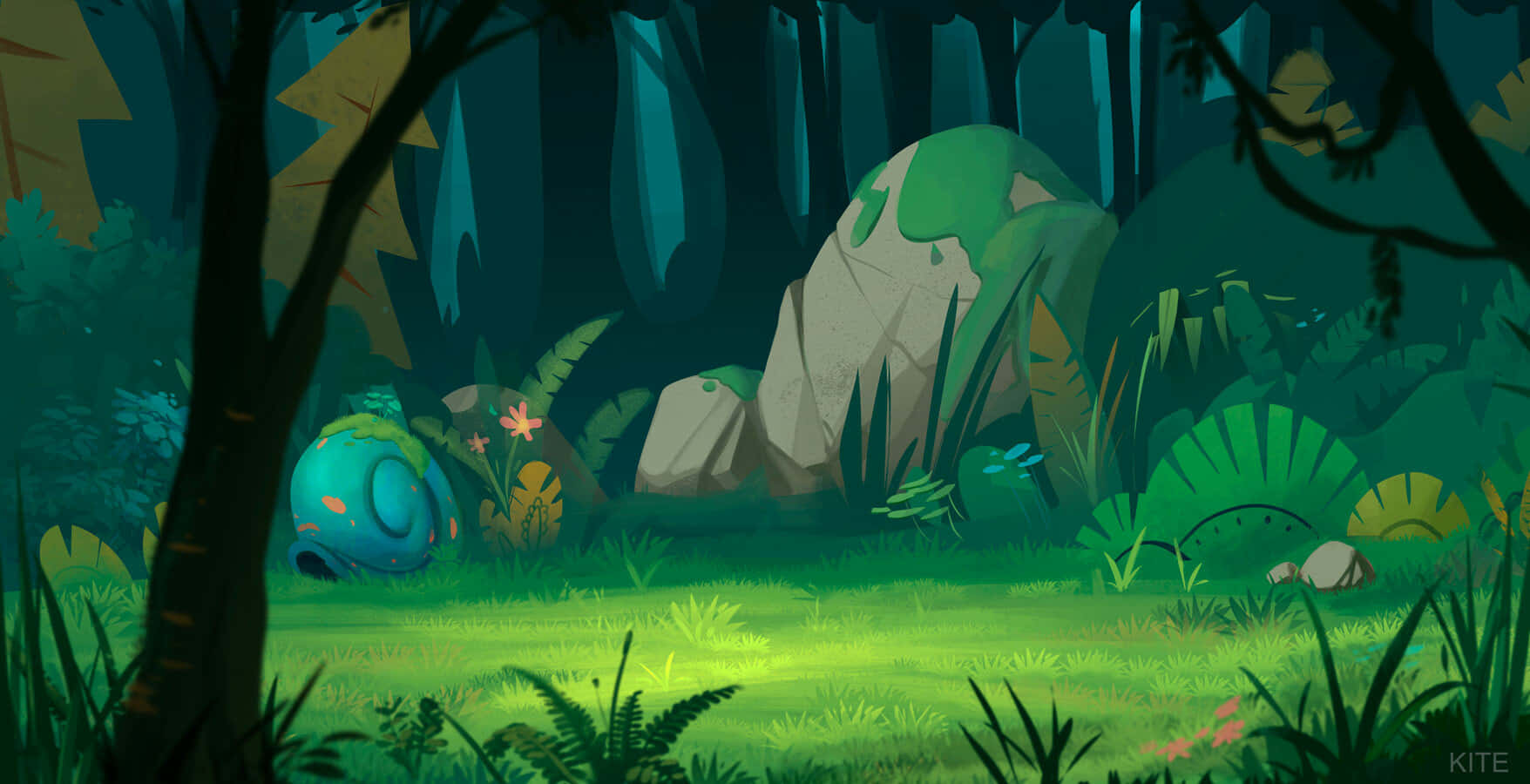 Cartoon Forest 桌布 壁紙 — 一個發光的藍色生物隱藏在茂密陰暗的叢林中，在充滿活力的綠色蕨類植物和長滿苔蘚的岩石之間。