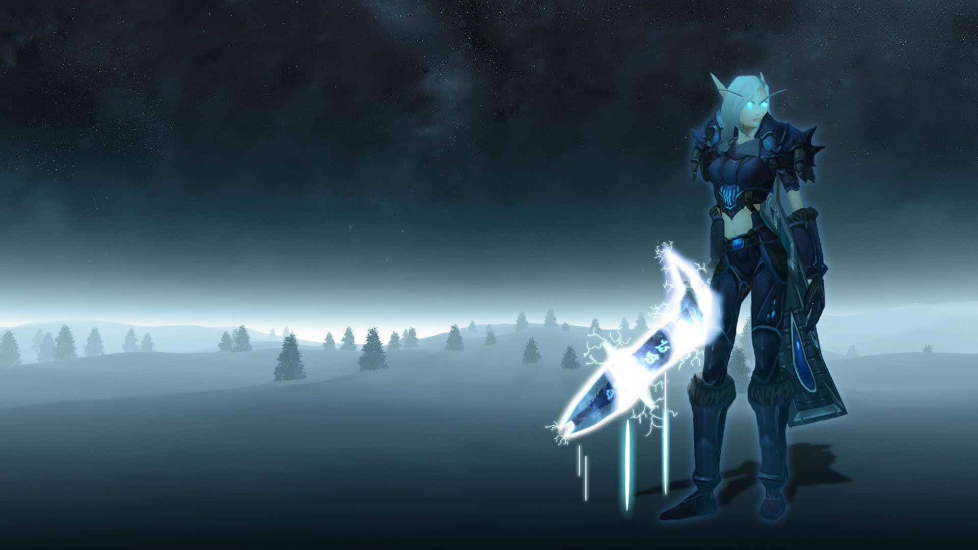 Death Knight 桌布 壁紙 — 一個發光的藍色盔甲精靈戰士站在霧氣瀰漫的雪地裡，在星空下揮舞著一把噼啪作響的魔法劍。