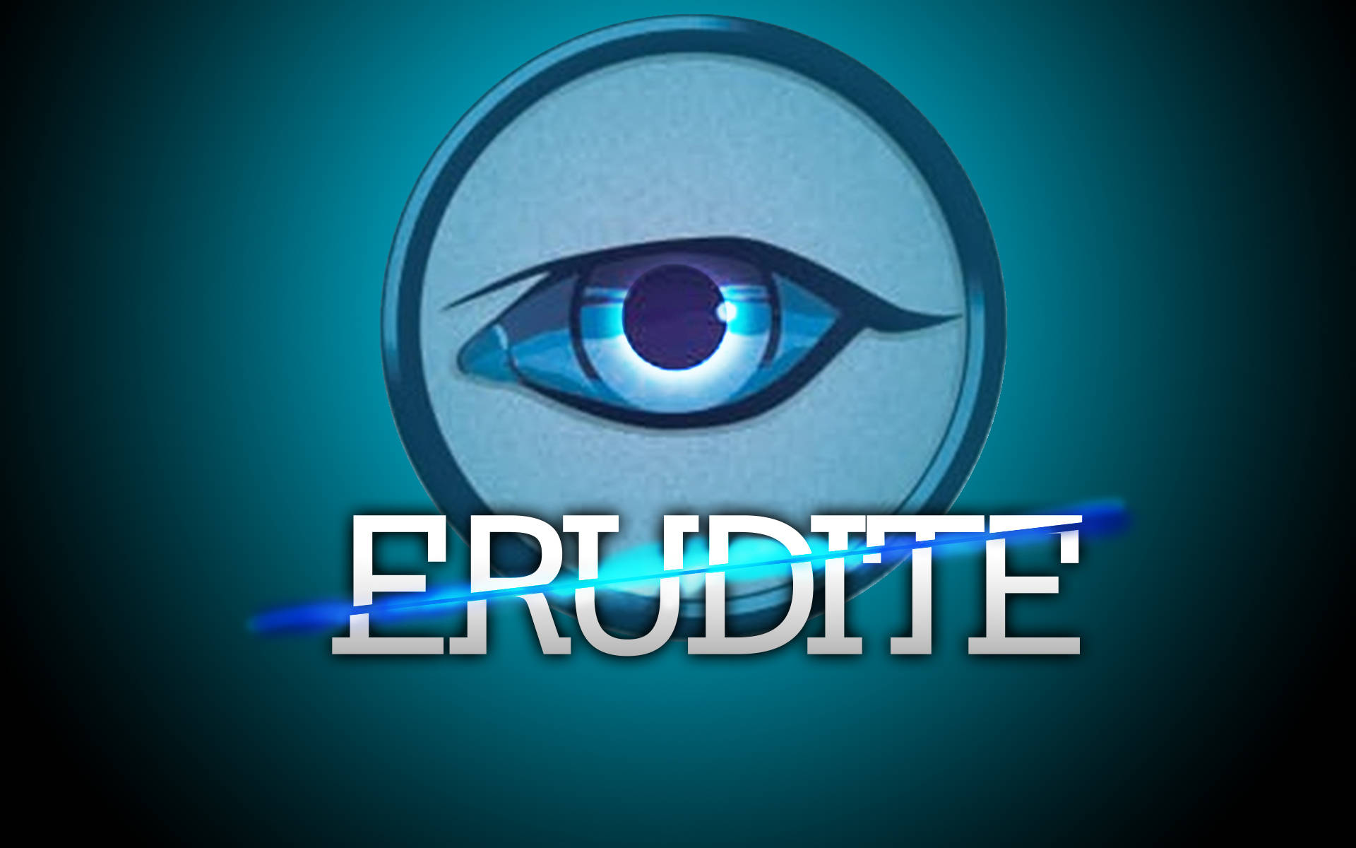 Divergent 桌布 壁紙 — 一個發光的藍色眼睛在圓形框架內懸浮在單詞 ERUDITE 上方，背景為青綠色漸變。