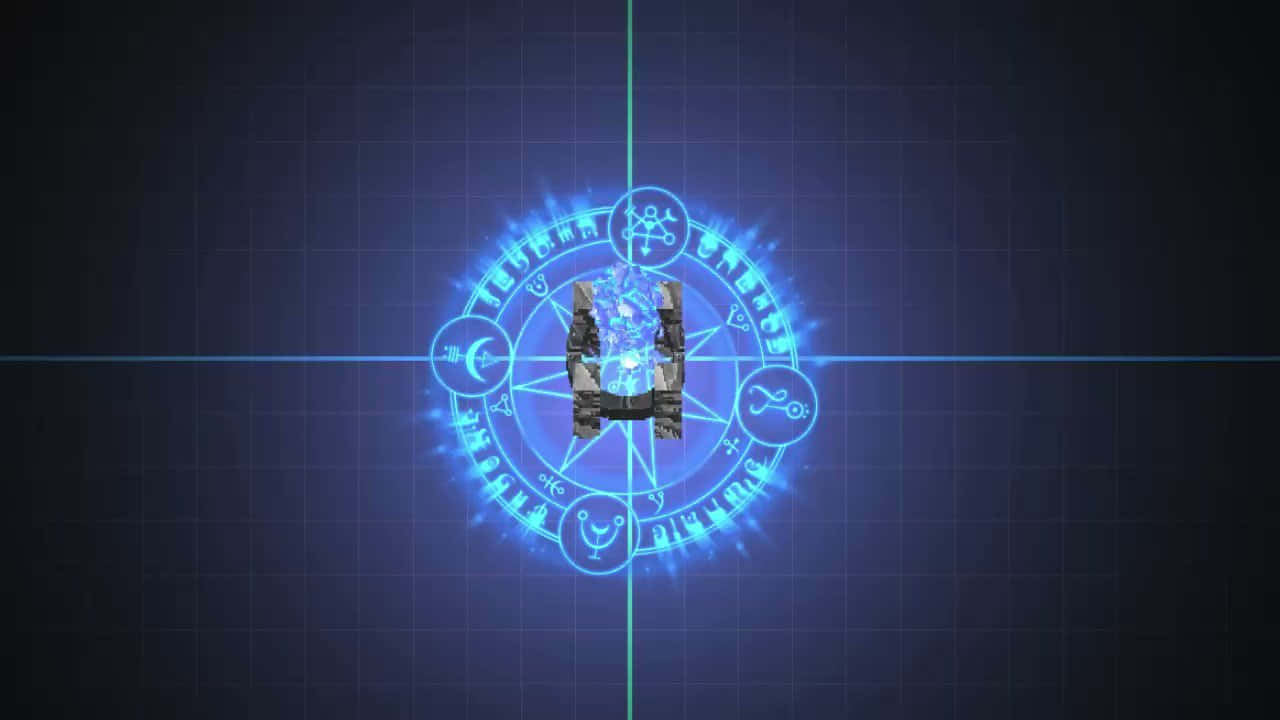 桌布 壁紙 — 一個發光的藍色神秘神器在圓形神秘符號內脈動，背景為深色網格。