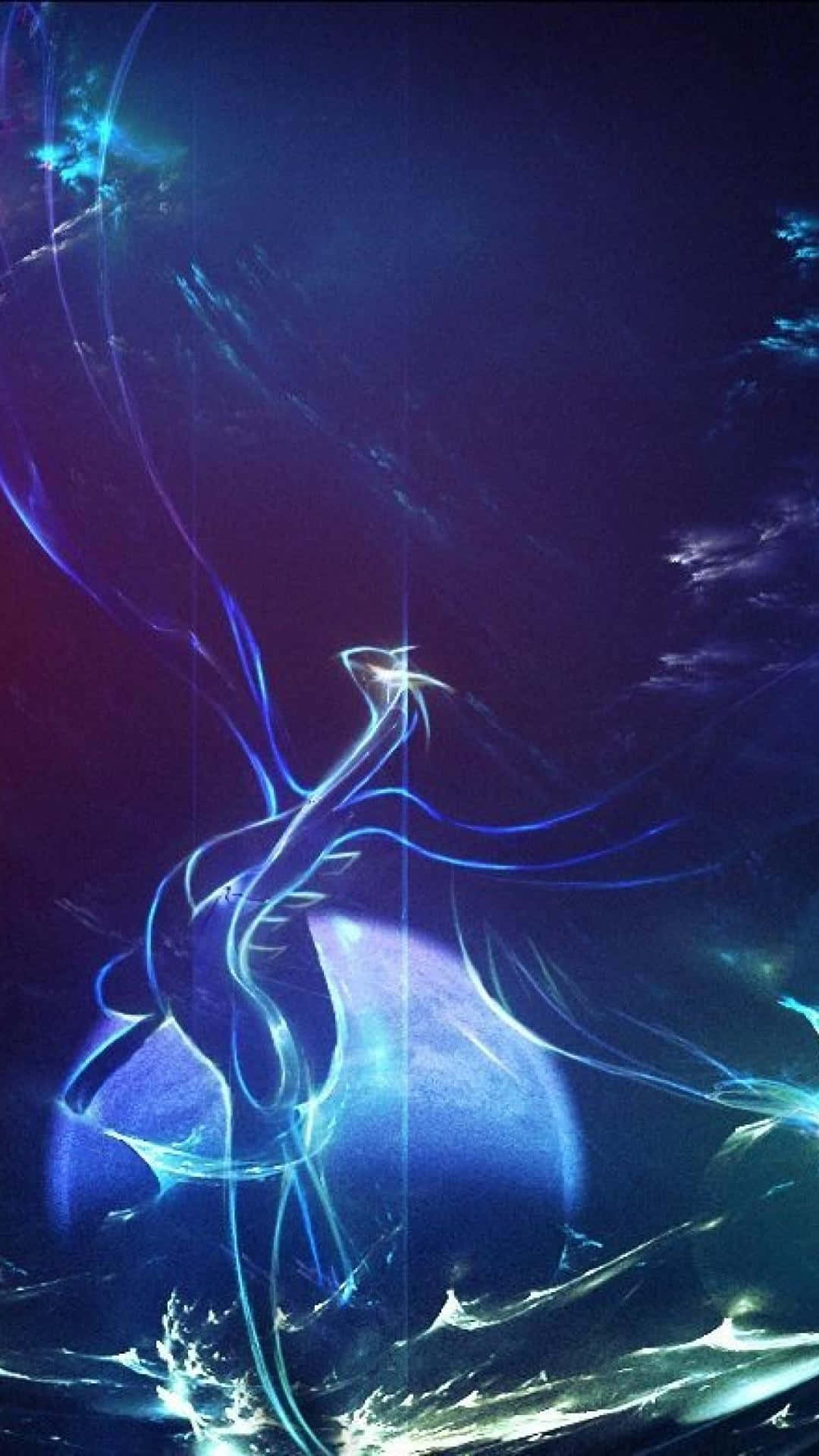 洛奇亞 桌布 壁紙 — 一個發光的藍色空靈身影，帶有流動的能量線，在宇宙深紫色和藍綠色的星雲中舞動。