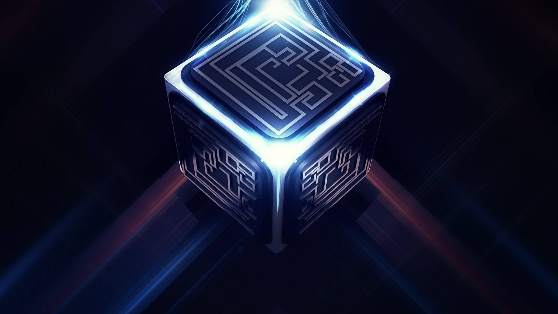 Mac Os 桌布 壁紙 — 一個發光的藍色立方體，帶有複雜的電路圖案，在帶有霓虹條紋的黑暗背景上發出耀眼的光芒。