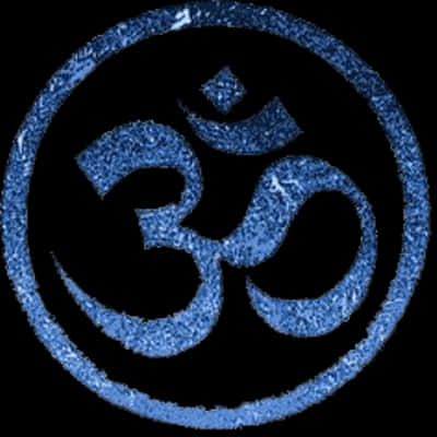 標誌 桌布 壁紙 — 一個發光的藍色紋理唵(Om)符號在純黑背景上散發著靈性能量。