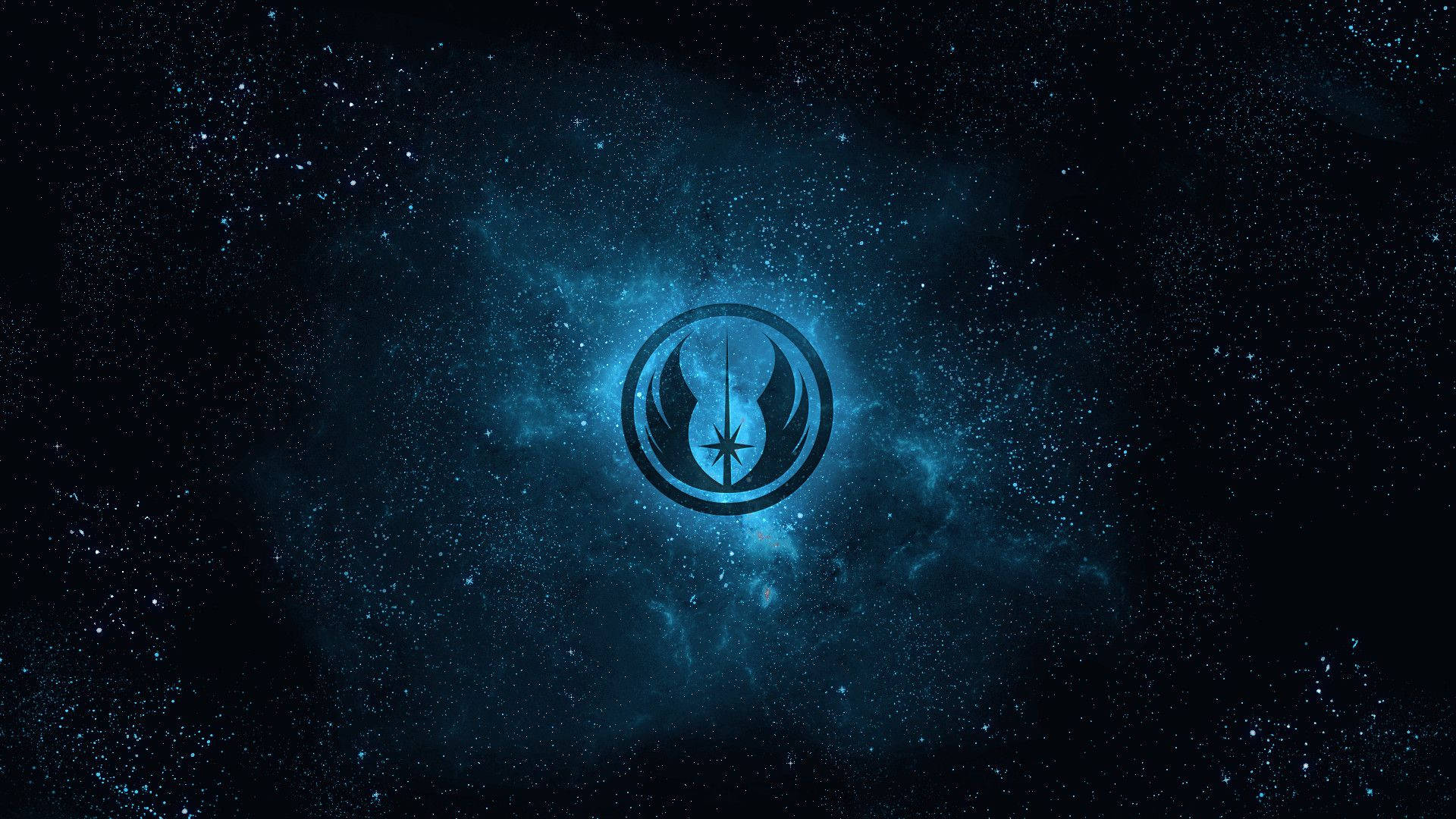 Jedi 桌布 壁紙 — 一個發光的藍色絕地武士團標誌在繁星點點的宇宙星雲中漂浮，背景是黑暗的太空。