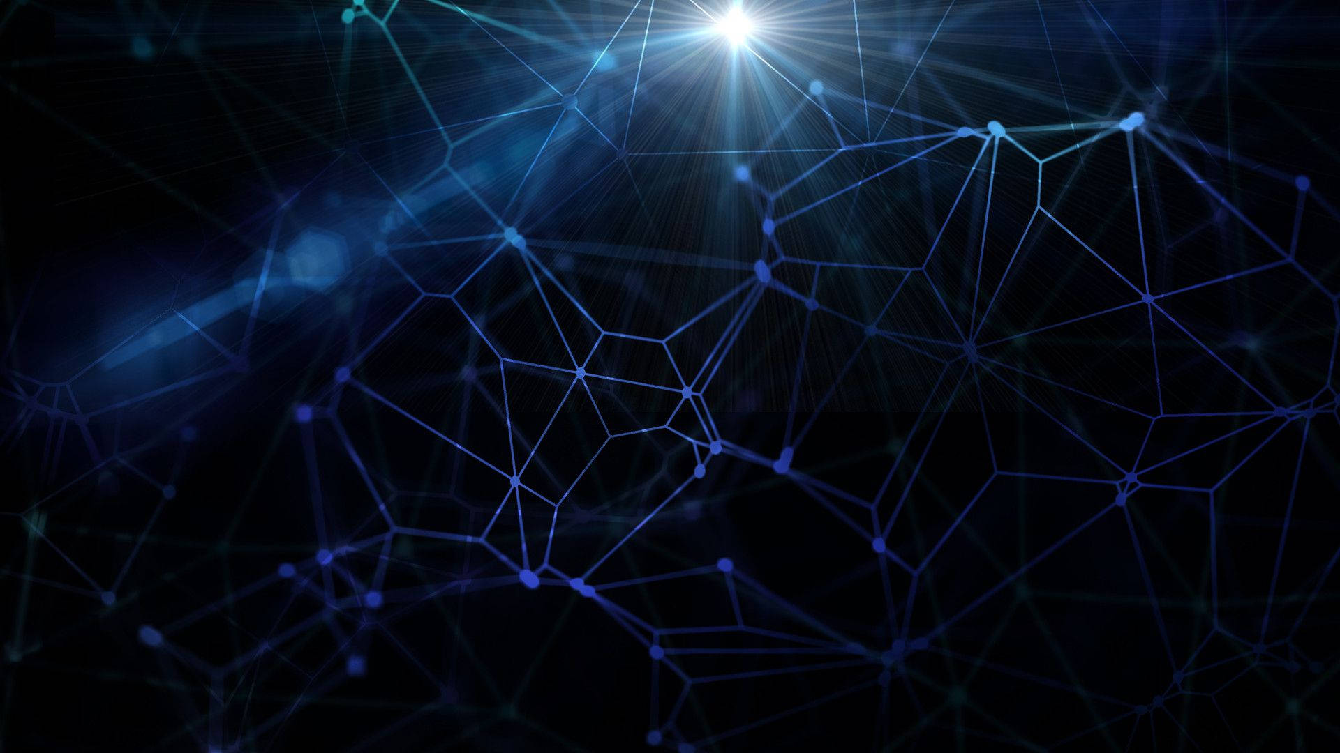 Blockchain 桌布 壁紙 — 一個發光的藍色網路，由連接的點和線組成，從明亮的星爆中放射出來，背景為深色。