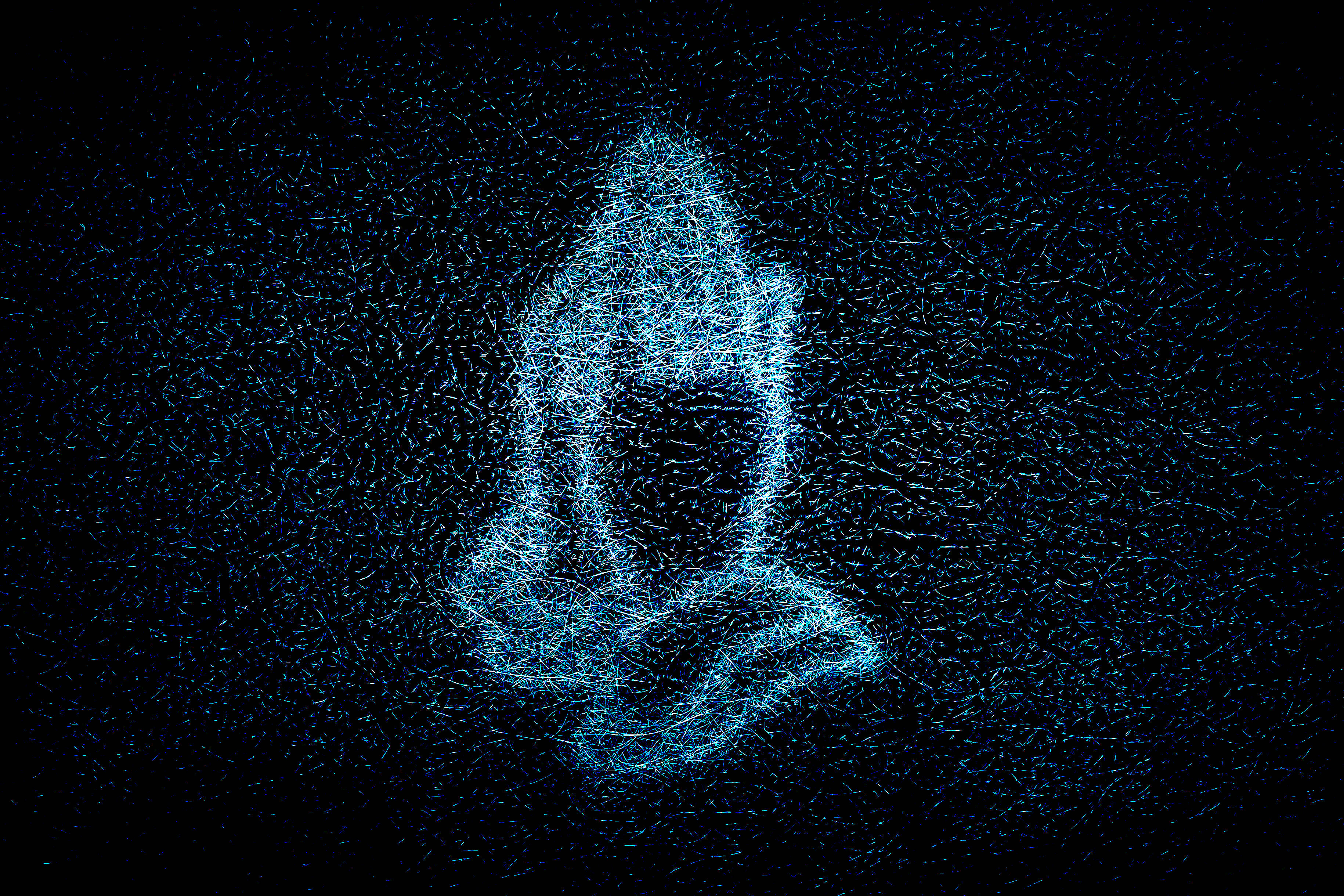 Praying 桌布 壁紙 — 一個發光的藍色線框佛像漂浮在黑色虛空中旋轉的數位粒子之間。