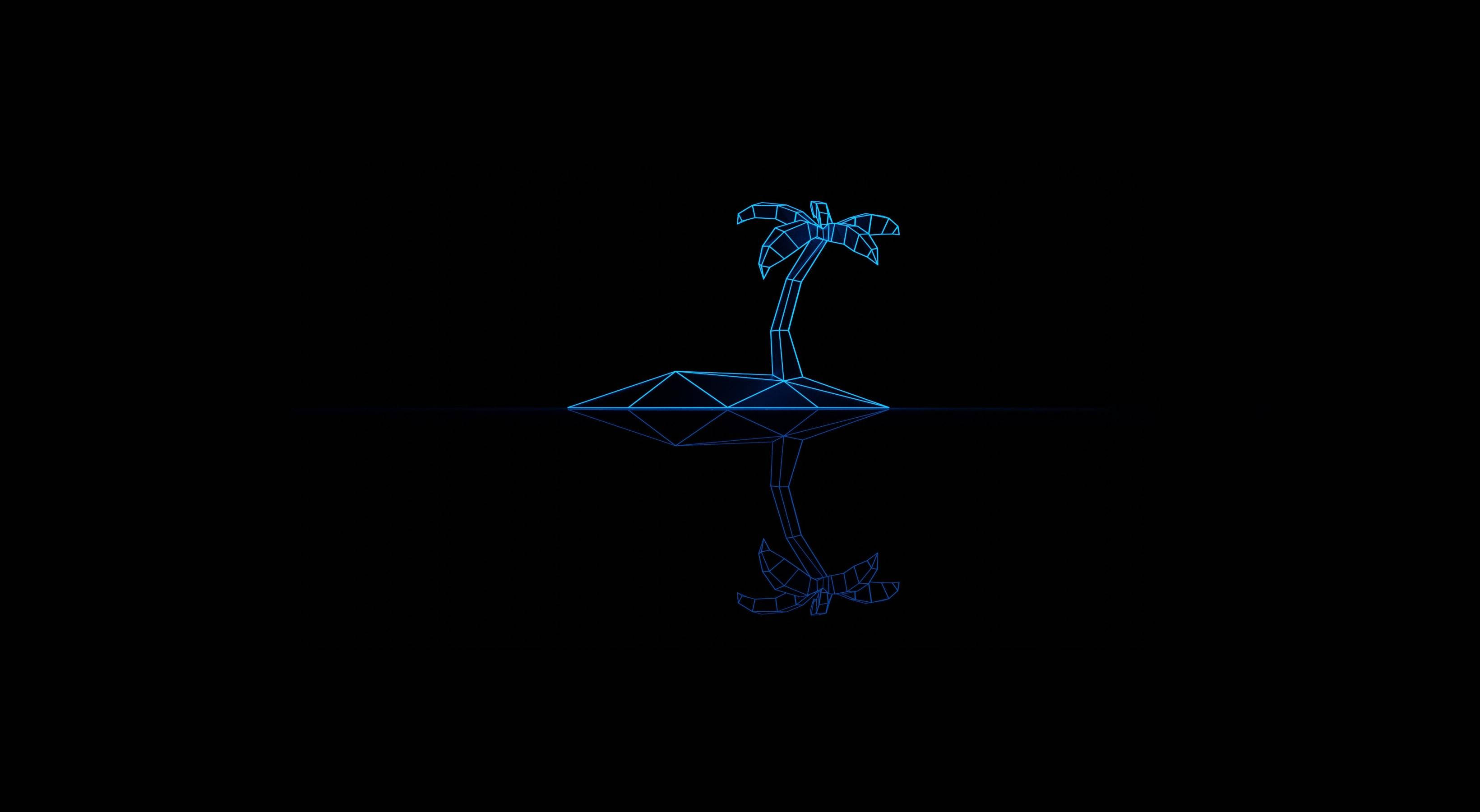 Dark Minimalist 桌布 壁紙 — 一個發光的藍色線框棕櫚樹在幾何島嶼上漂浮在黑暗中，帶有完美的鏡面倒影。