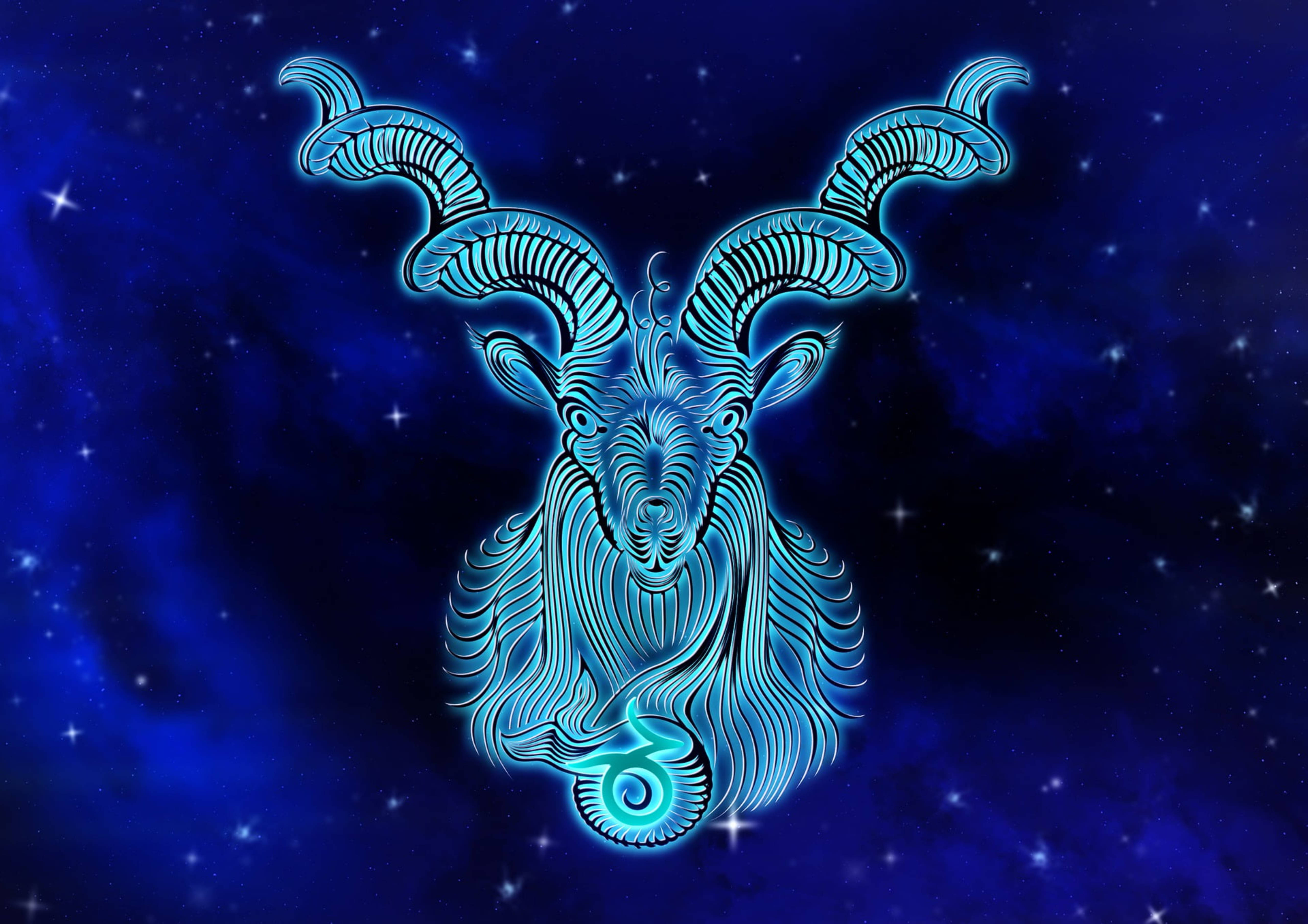 zodiac 桌布 壁紙 — 一個發光的藍色線條藝術公羊頭，帶有螺旋角，漂浮在星空宇宙背景上。