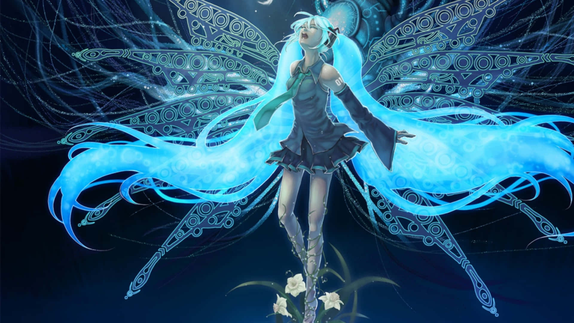 初音未來 桌布 壁紙 — 一個發光的藍色翅膀動漫女孩，飄逸的頭髮，站在花朵上，背景是黑暗的宇宙。