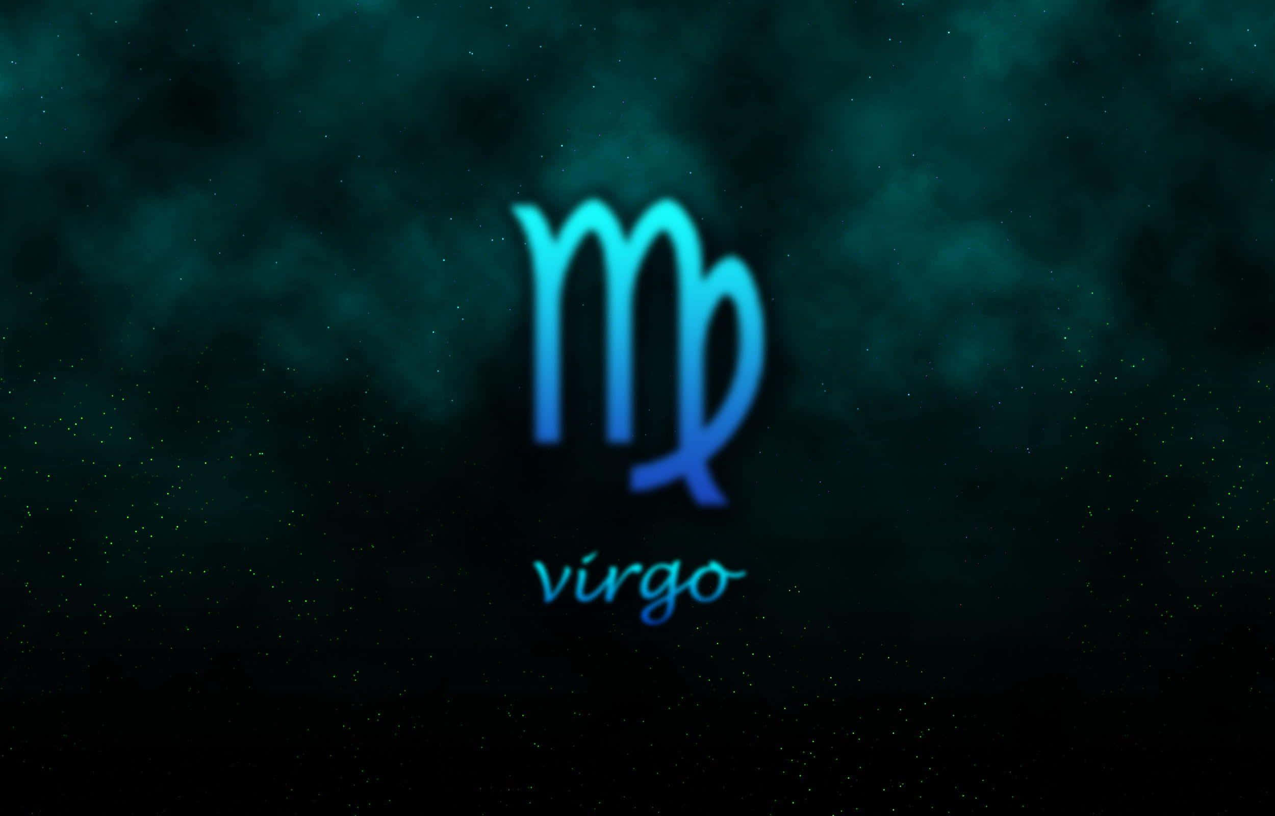 Virgo 桌布 壁紙 — 一個發光的藍色處女座星座符號漂浮在點綴著星星的深青色宇宙背景上。
