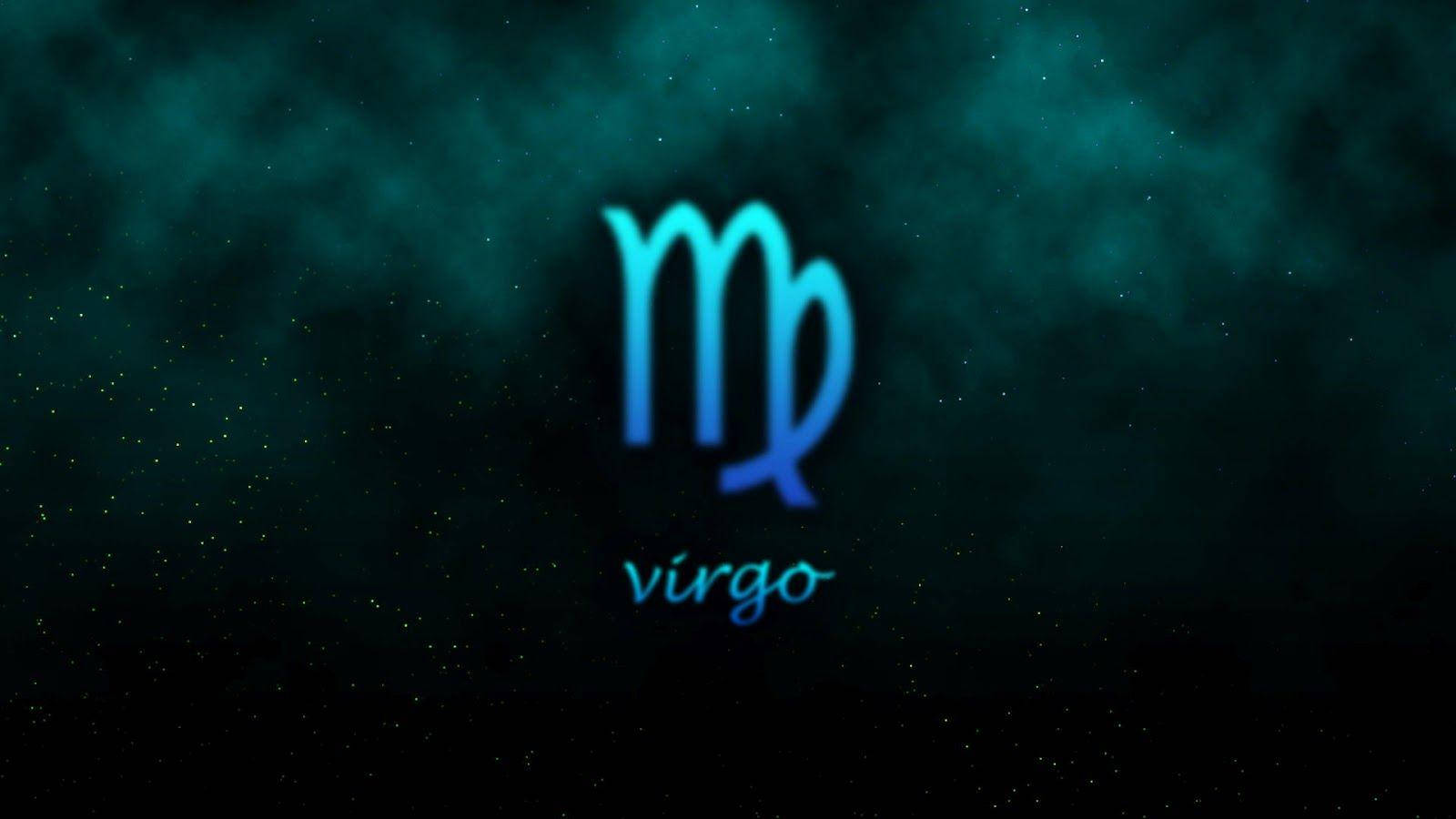 Virgo 桌布 壁紙 — 一個發光的藍色處女座星座符號漂浮在深藍綠色星空宇宙背景上。