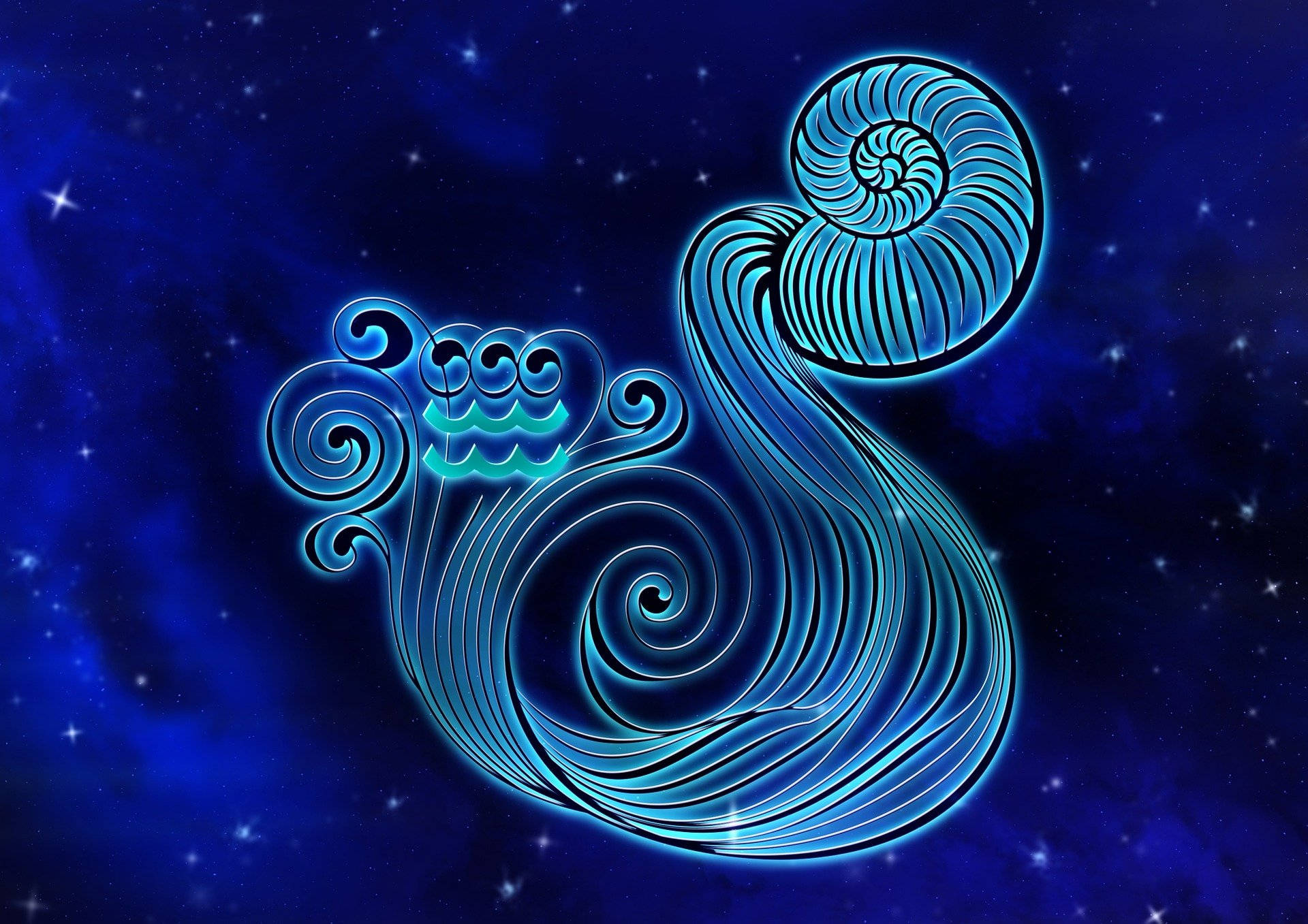 aquarius 桌布 壁紙 — 一個發光的藍色螺旋星座符號在繁星點點的宇宙夜空中漂浮，帶有耀眼的高光。