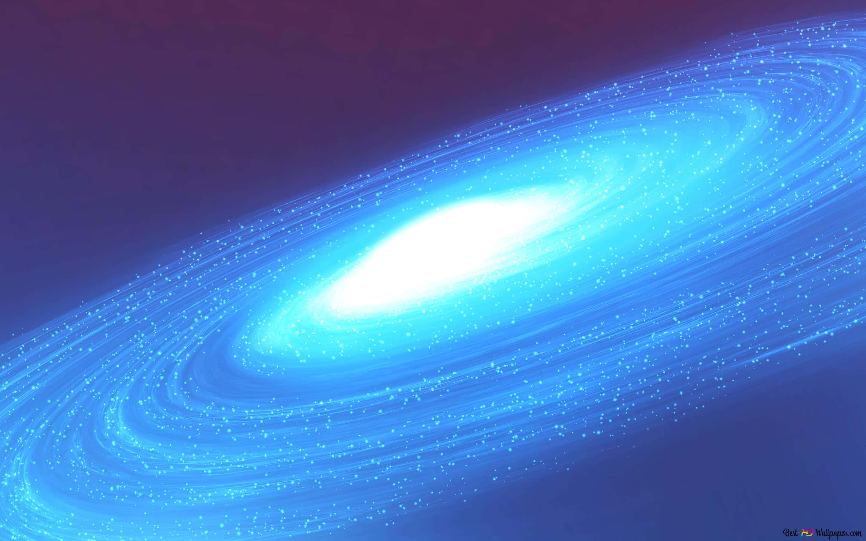 Cool Blue Galaxy 桌布 壁紙 — 一個發光的藍色螺旋星系在深紫色宇宙背景下旋轉，閃爍著星星。