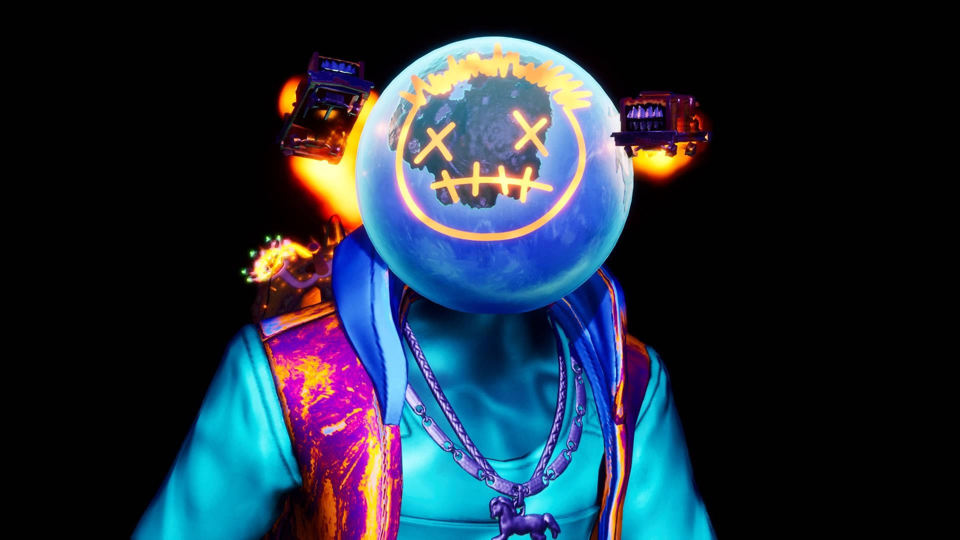 Travis Scott Fortnite 桌布 壁紙 — 一個發光的藍色行星頭部，帶有縫製的笑臉，漂浮在一個穿著霓虹衣服的人物上方，背景為黑色。