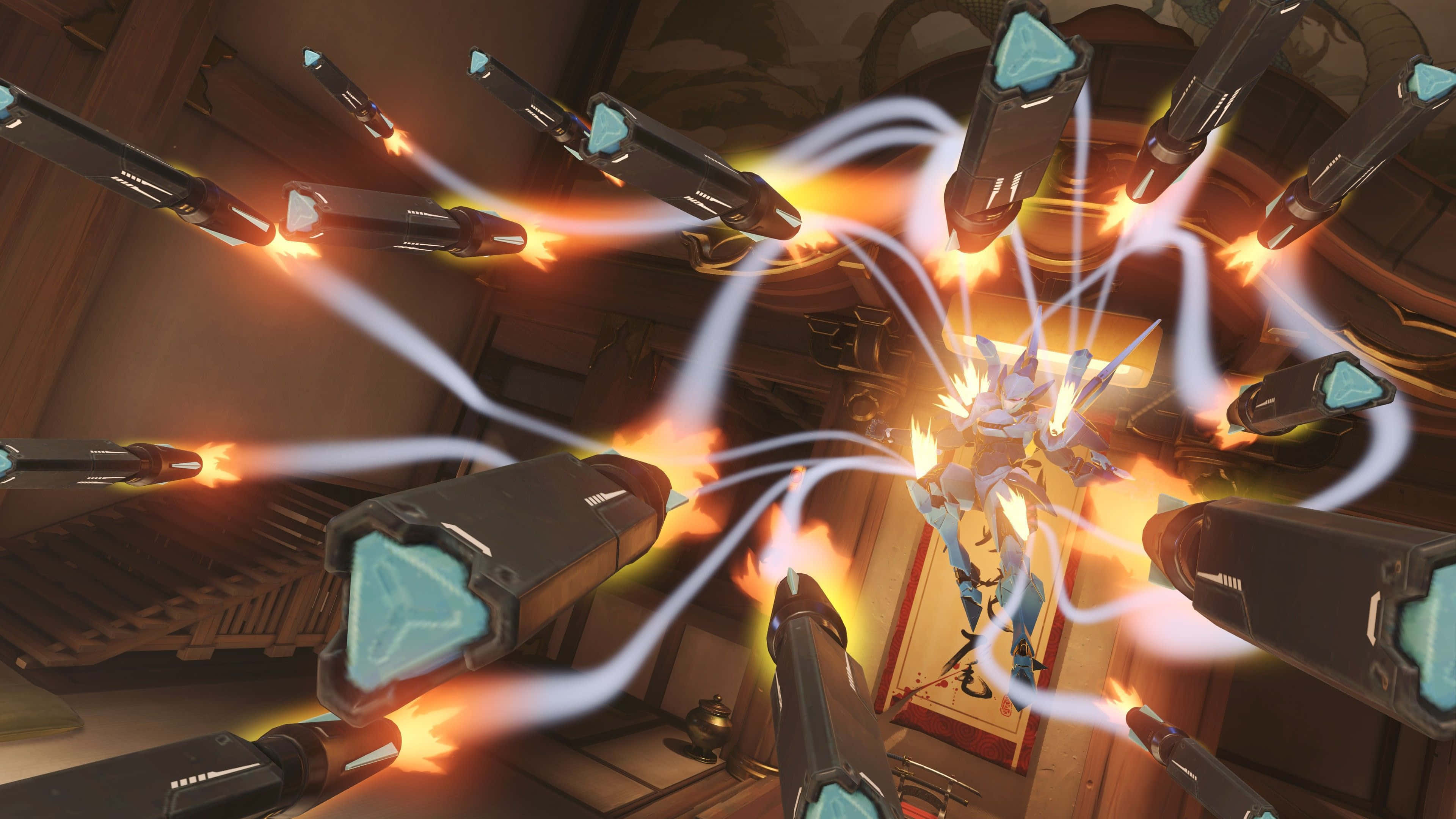 Overwatch Pharah 桌布 壁紙 — 一個發光的藍色裝甲人物被多個正在射擊的大砲包圍，處於猛烈爆炸之中。