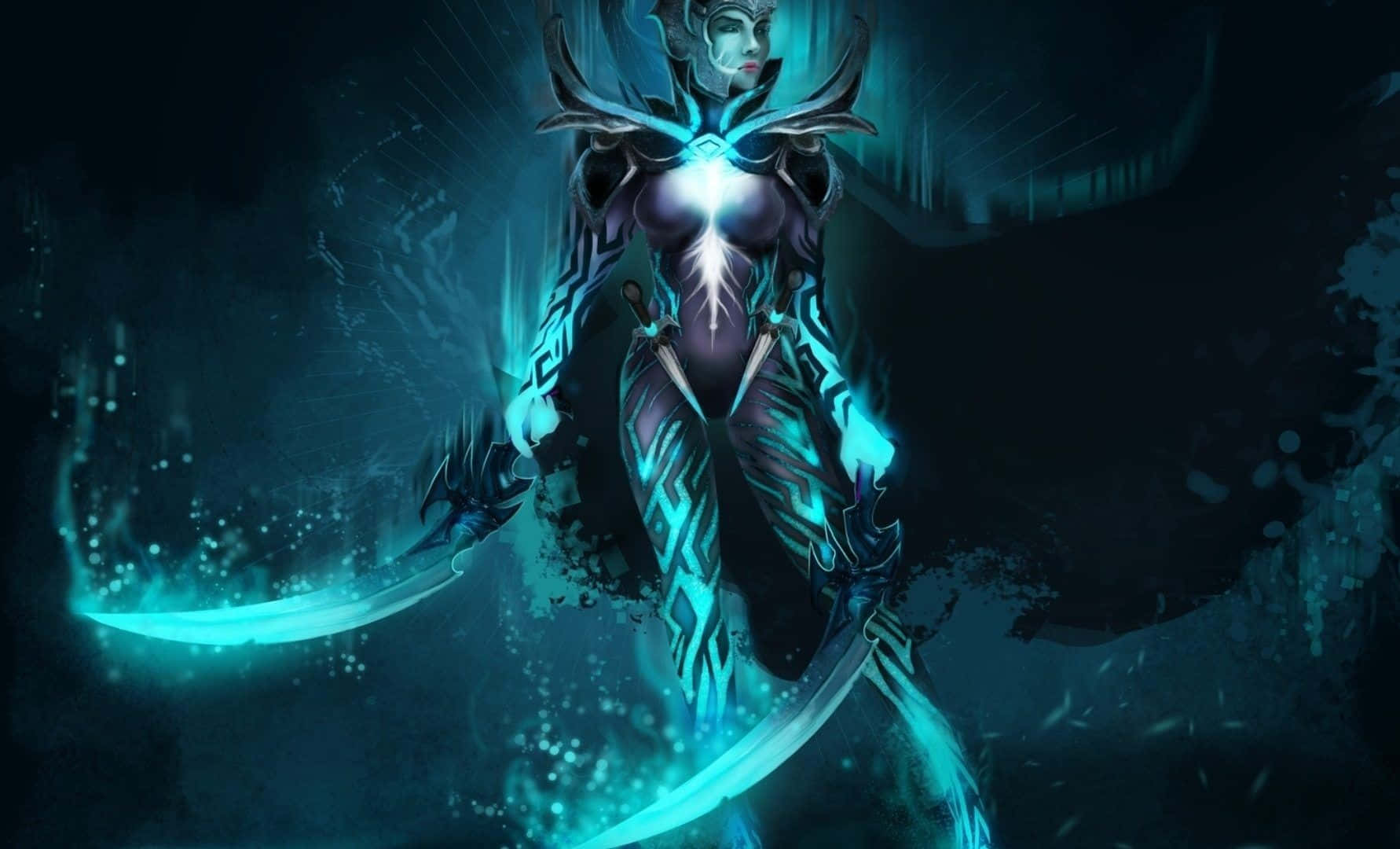 Phantom Assassin 桌布 壁紙 — 一個發光的藍色裝甲戰士，手持彎曲刀刃，站在一個黑暗神秘的環境中，散發出能量。