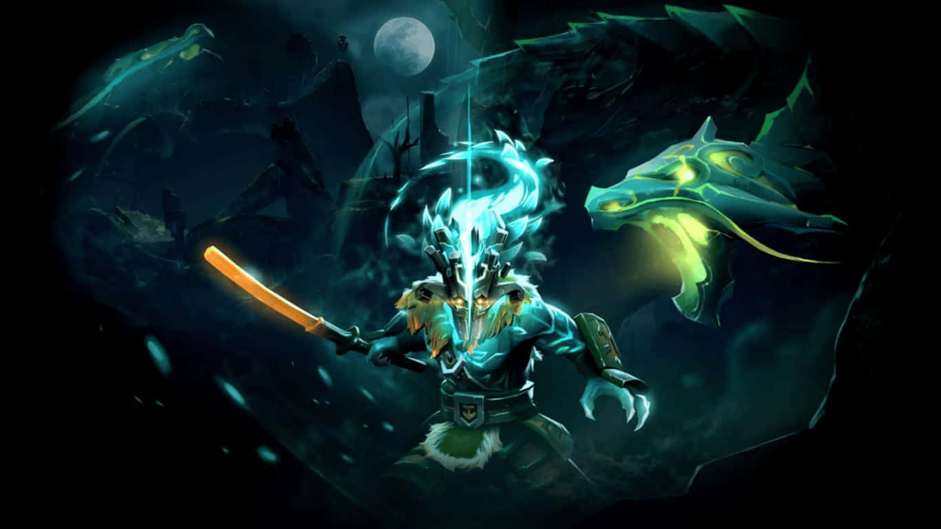 1366x768 Dota 2 桌布 壁紙 — 一個發光的藍色裝甲戰士在滿月下揮舞著火焰劍對抗幽靈龍，處於黑暗奇幻場景中。