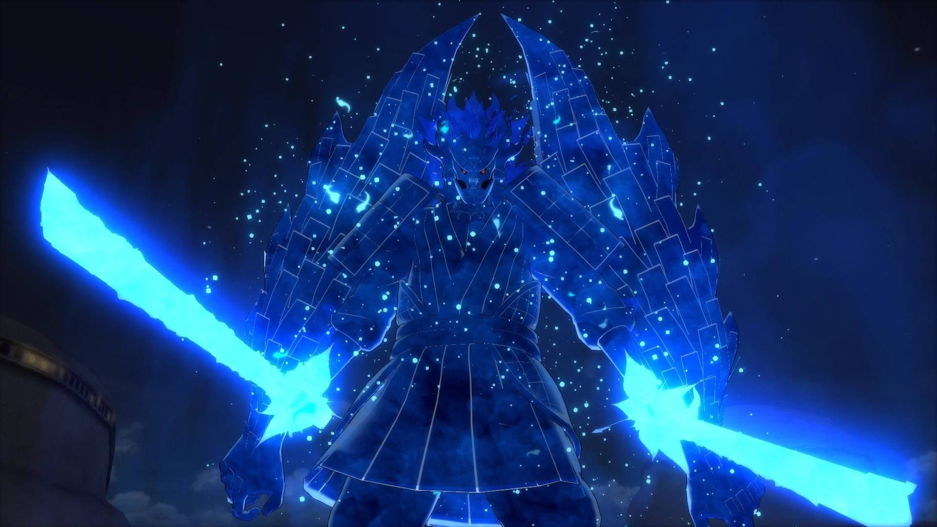 Susanoo 桌布 壁紙 — 一個發光的藍色裝甲戰士在黑暗的宇宙環境中，在閃爍的粒子中揮舞著兩把光芒四射的劍。