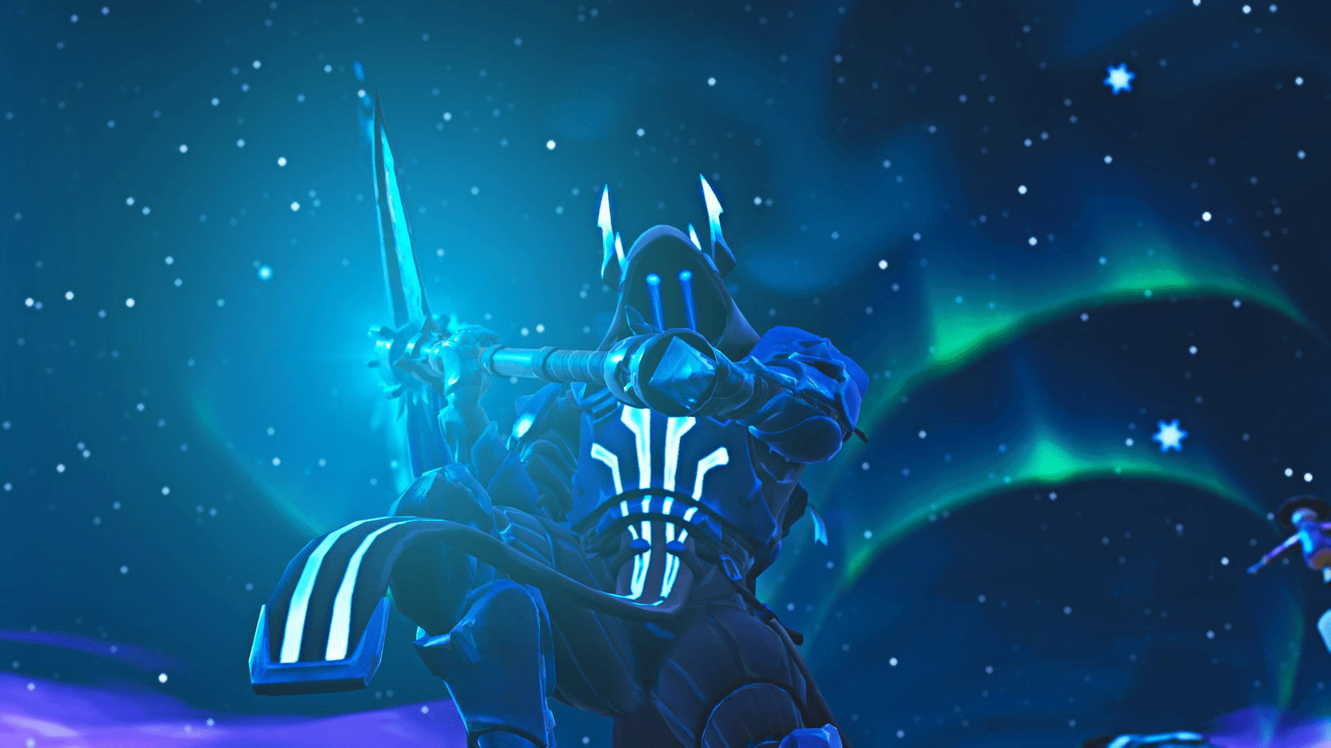 Fortnite 桌布 壁紙 — 一個發光的藍色裝甲戰士手持劍，英雄般地站在有極光的星空宇宙背景下。