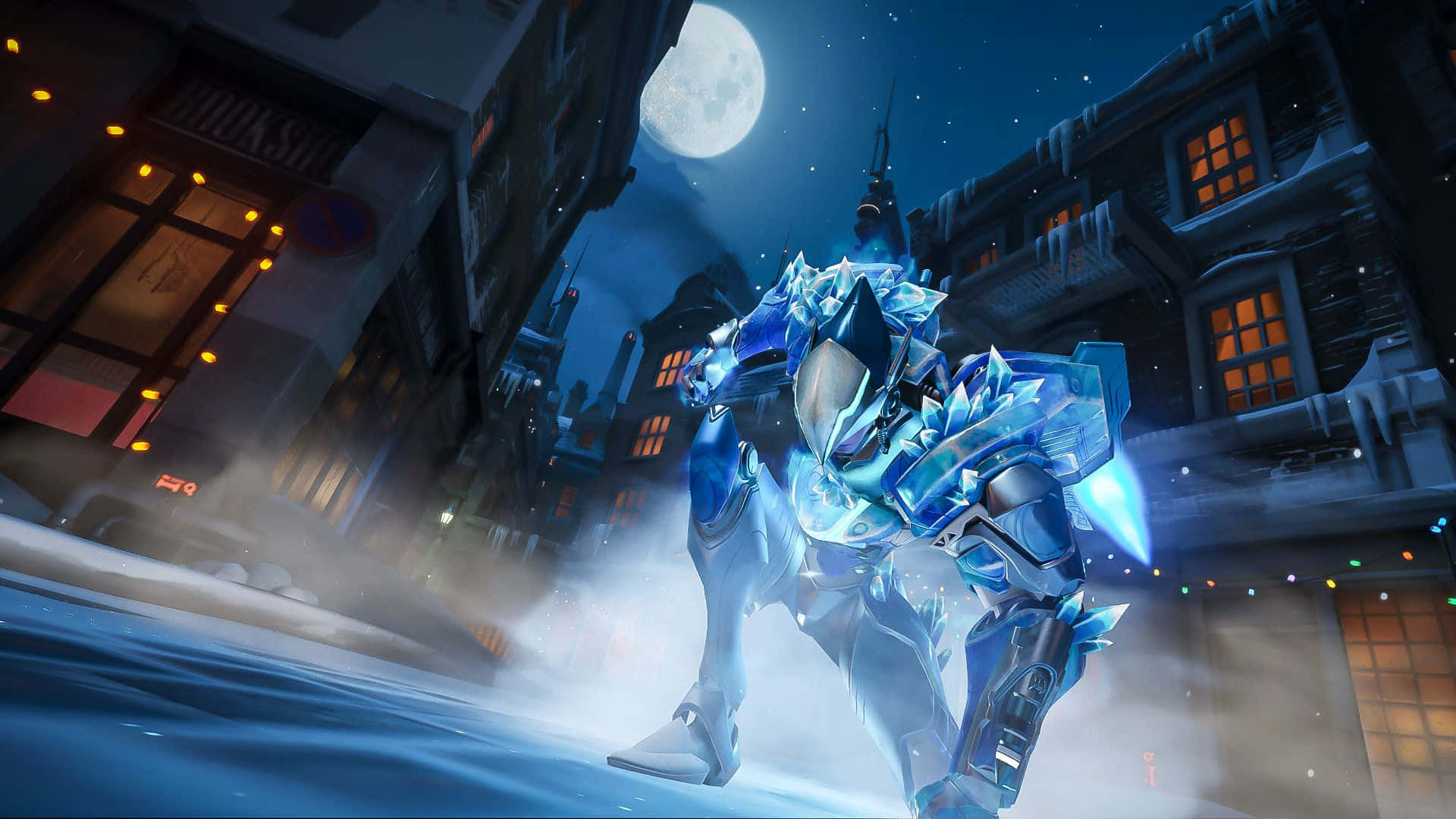 Overwatch Pharah 桌布 壁紙 — 一個發光的藍色裝甲戰士走過一條積雪、月光照耀的街道，地面有冰刺和蒸氣升起。
