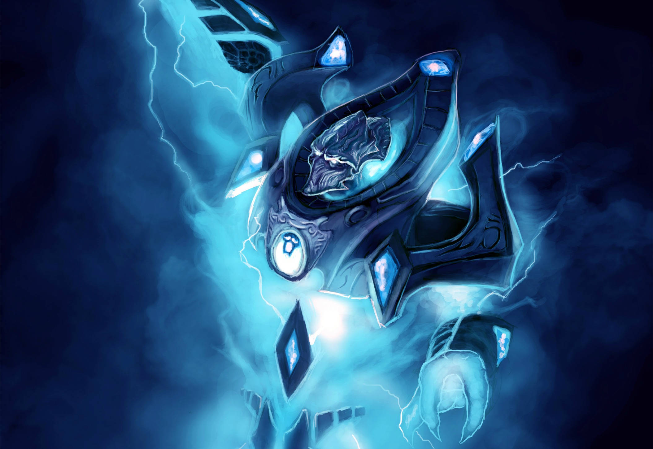 Starcraft 2 桌布 壁紙 — 一個發光的藍色裝甲生物，閃電在其機械形態周圍劈啪作響，處於黑暗的風暴虛空中。