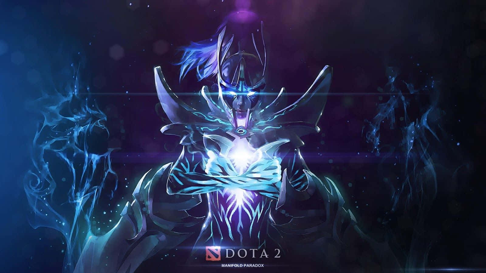 Dota 2 桌布 壁紙 — 一個發光的藍色裝甲英雄，擁有發光的眼睛和圍繞他們旋轉的能量，背景是黑暗的宇宙。