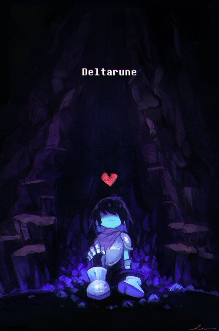 Deltarune 桌布 壁紙 — 一個發光的藍色角色獨自坐在黑暗的洞穴中，上方漂浮著一顆紅心，標題為 Deltarune。