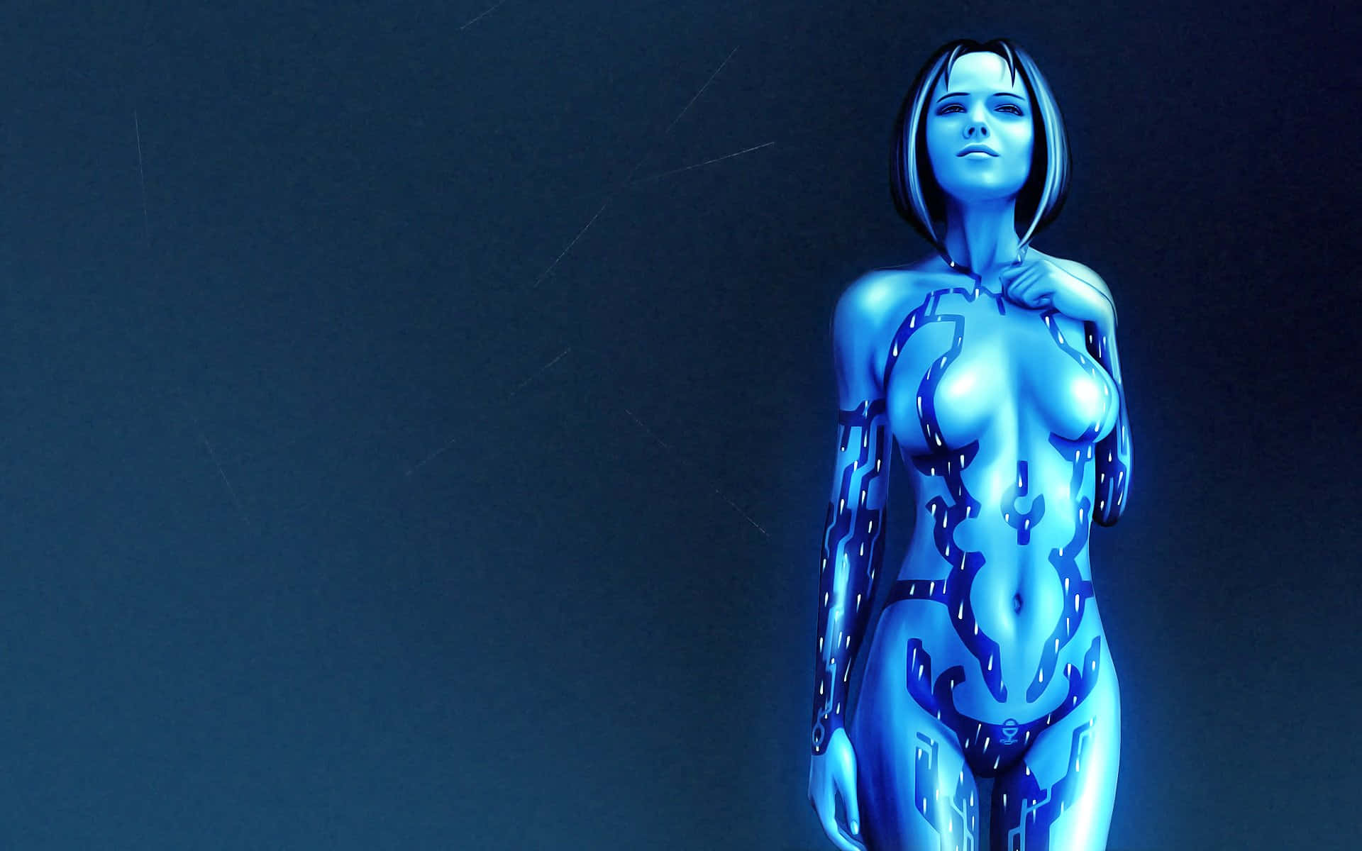 Halo Cortana 桌布 壁紙 — 一個發光的藍色賽博格女性，帶有電路圖案，站在黑暗的數位背景前。