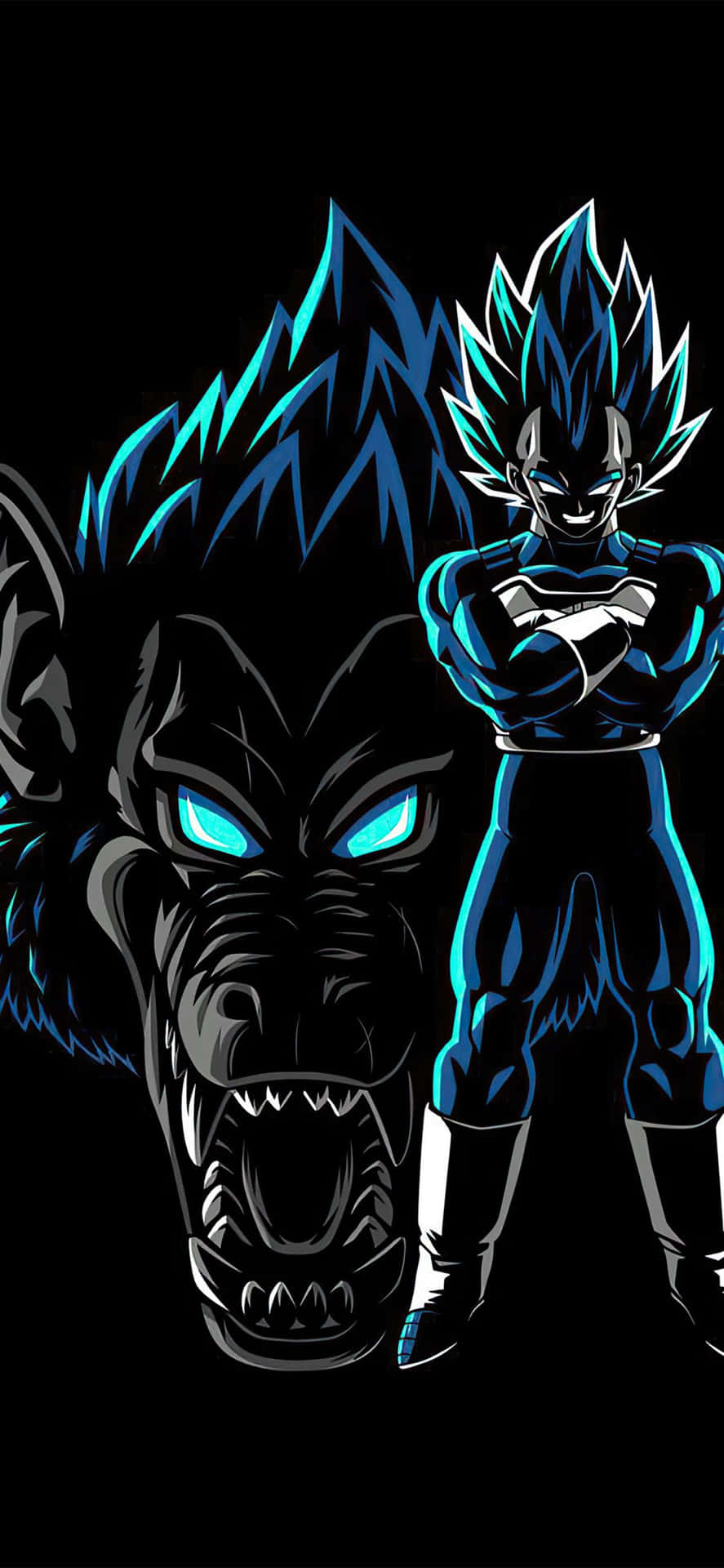 Dragon Ball iPhone 桌布 壁紙 — 一個發光的藍色超級賽亞人神達爾自信地站在一隻咆哮的黑色猩猩旁邊，猩猩的眼睛發出藍光，背景是黑暗的。