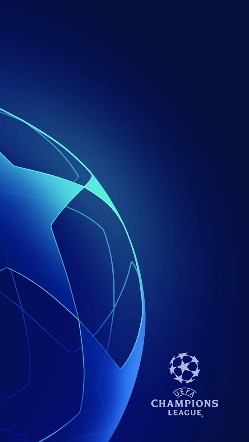 Champions League 桌布 壁紙 — 一個發光的藍色足球帶有霓虹輪廓，漂浮在深藍色漸變背景上，並帶有歐冠聯賽標誌。