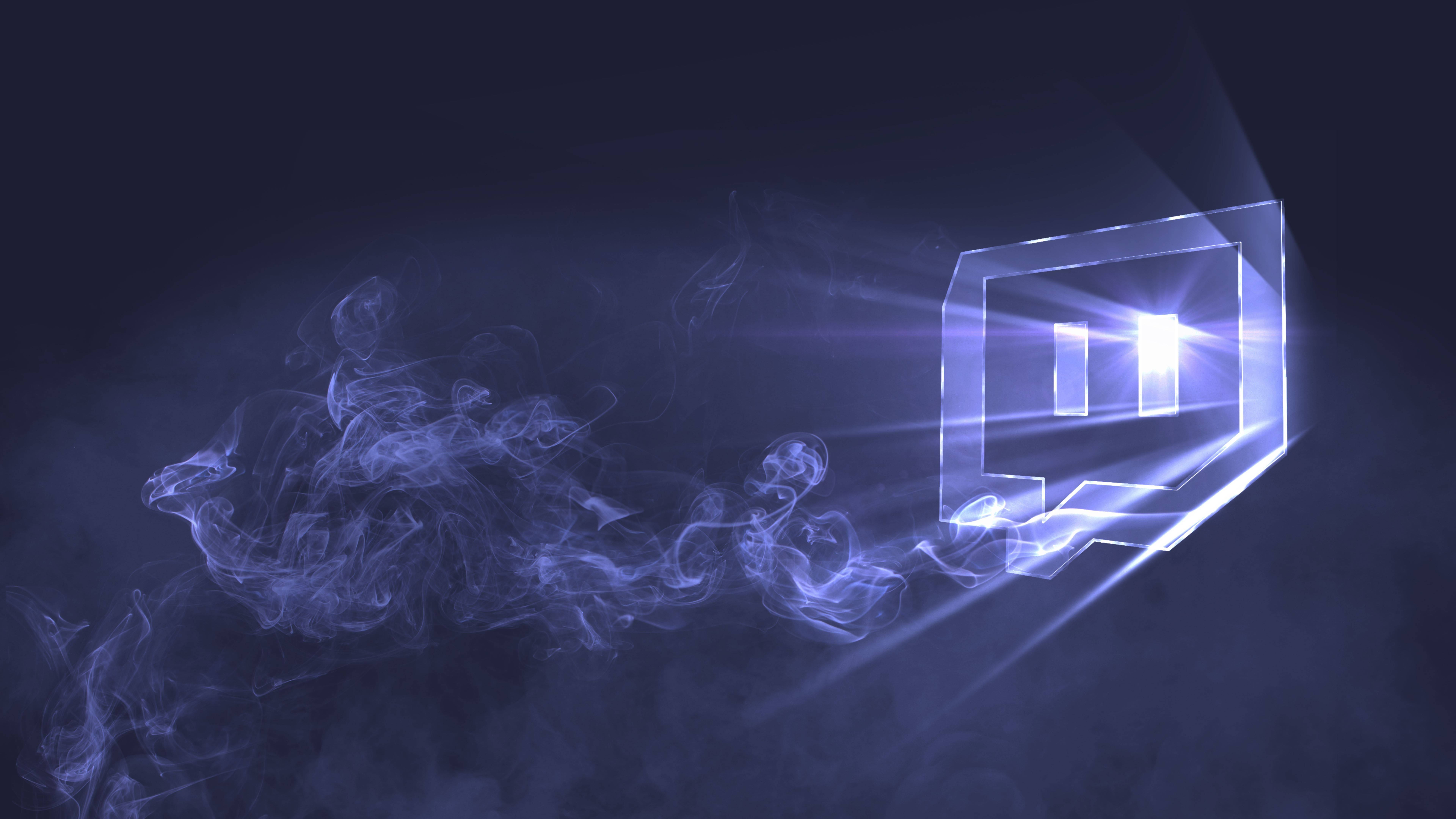 Twitch 桌布 壁紙 — 一個發光的藍色透明立方體在黑暗背景中散發出耀眼的光芒，周圍有旋轉的煙霧飄動。