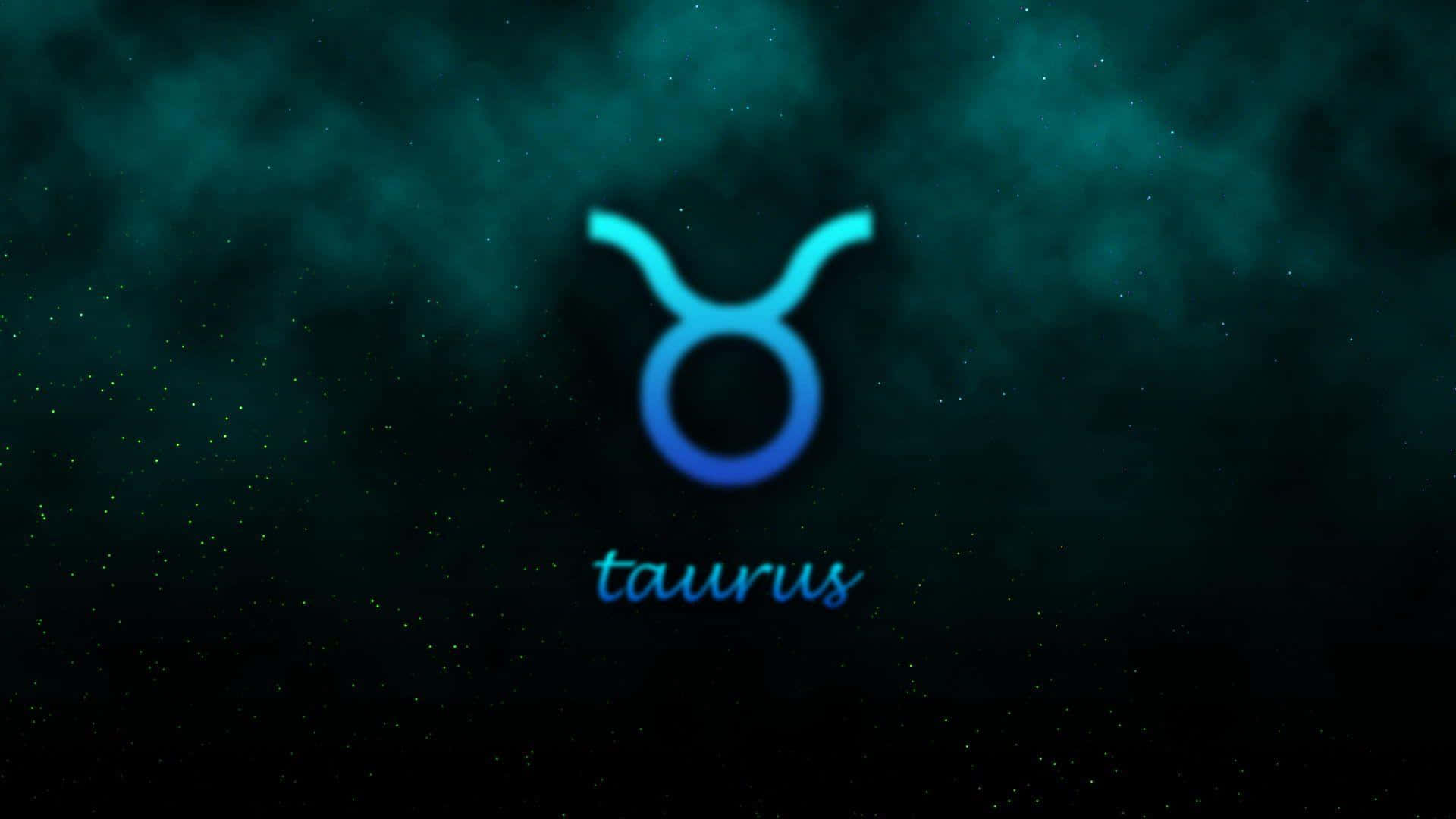 taurus 桌布 壁紙 — 一個發光的藍色金牛座星座符號在深藍綠色星空宇宙背景中閃耀。